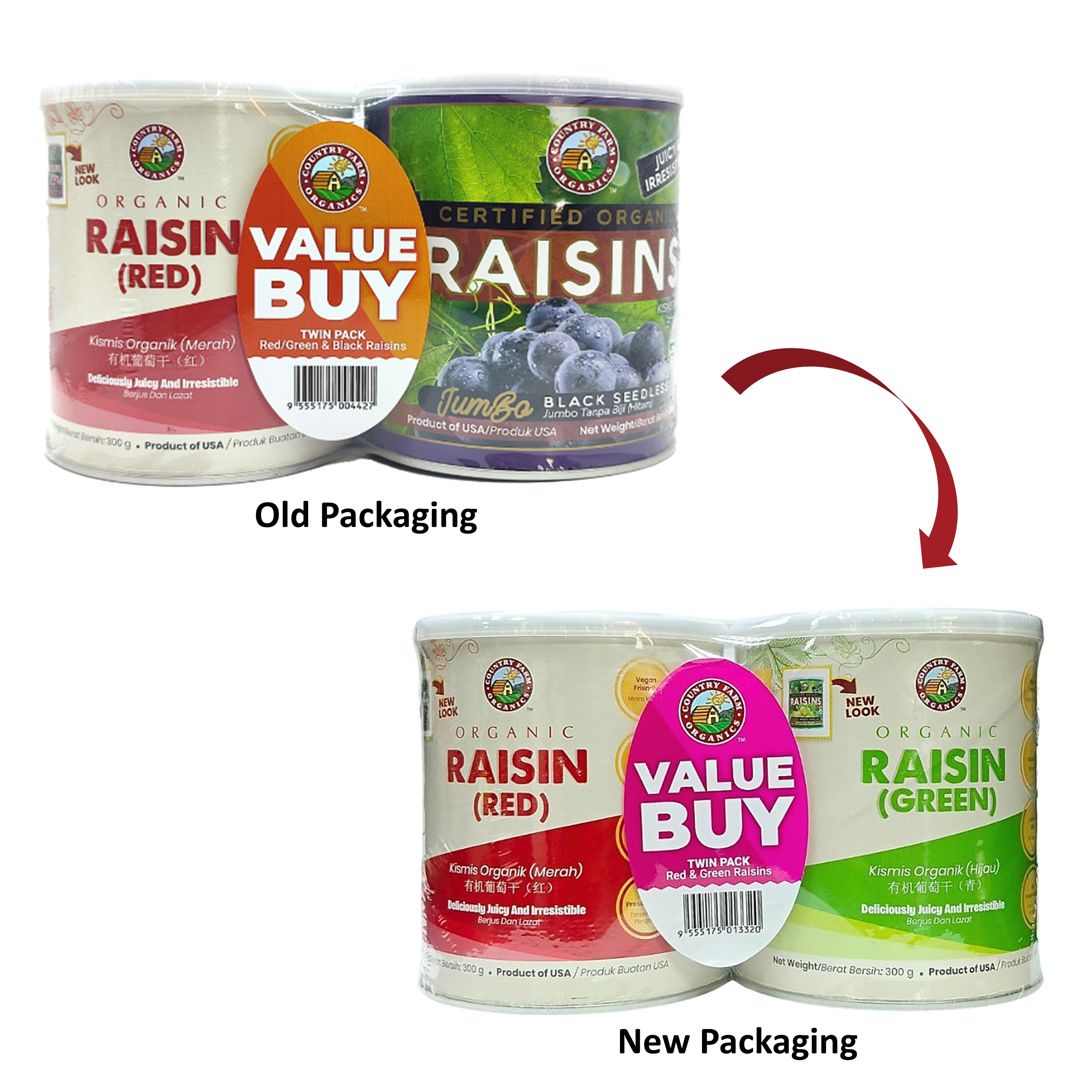 Country Farm Organic Jumbo Red and Green Raisins (2 x 300g)