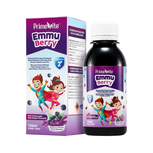 PrimeVite EmmuBerry Botanical Beverage of European Black Elderberry with Yeast Beta Glucan, Vitamins and Zinc 150mL