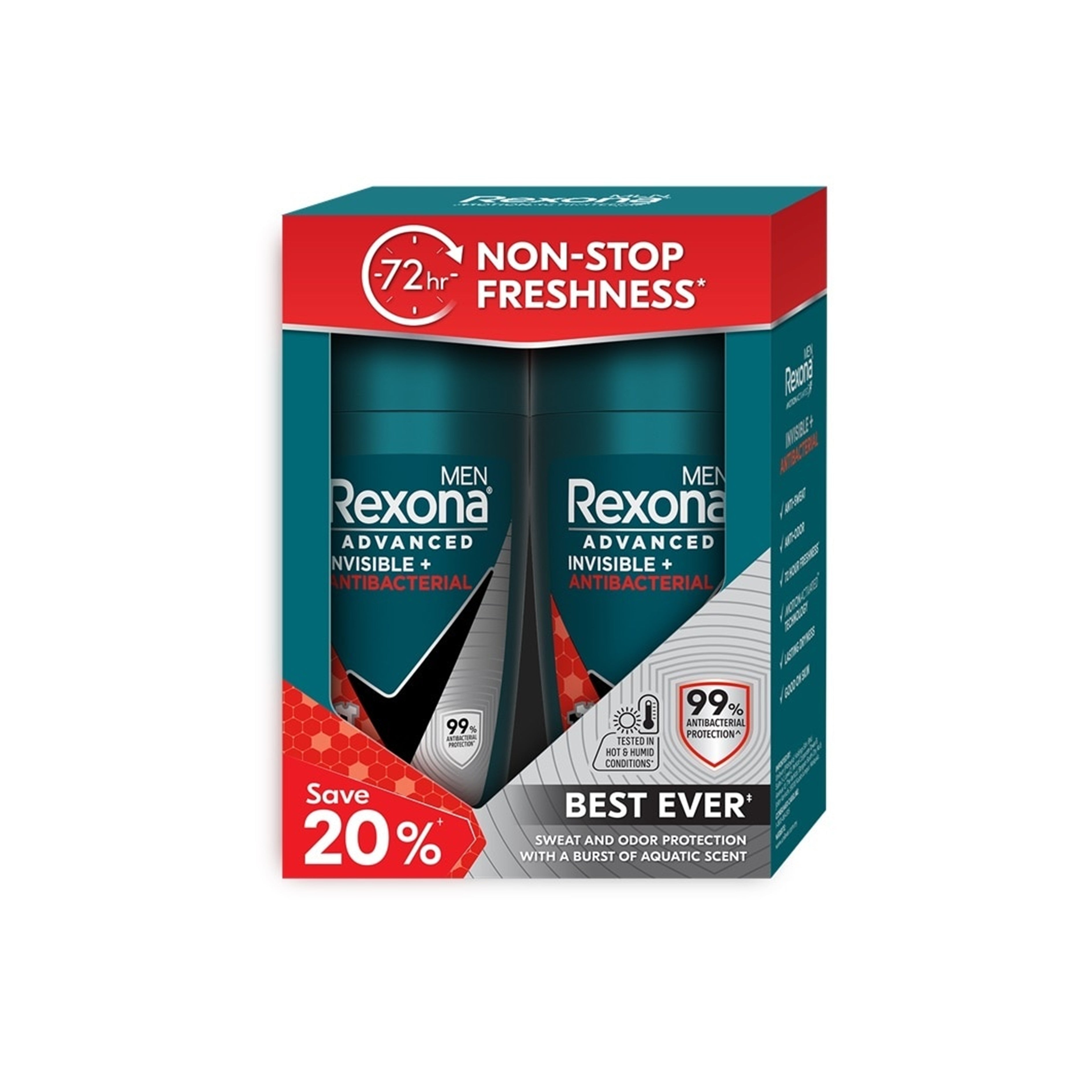 Rexona Men Antiperspirant Roll On (Advanced Invisible + Antibacterial) 45mLx2's [Twinpack]