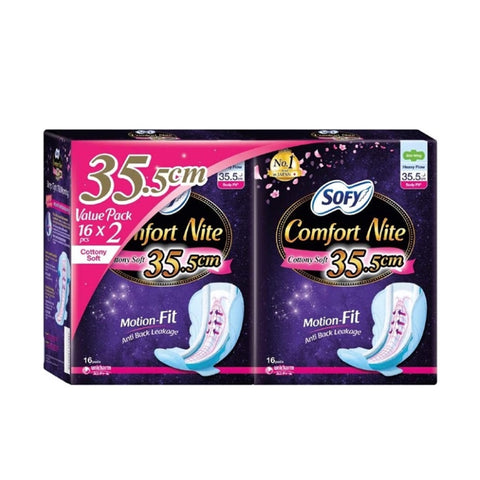 Sofy Sanitary Pads (Comfort Nite Cottony Soft, Heavy Flow, Wing, 35.5cm) 2x16's