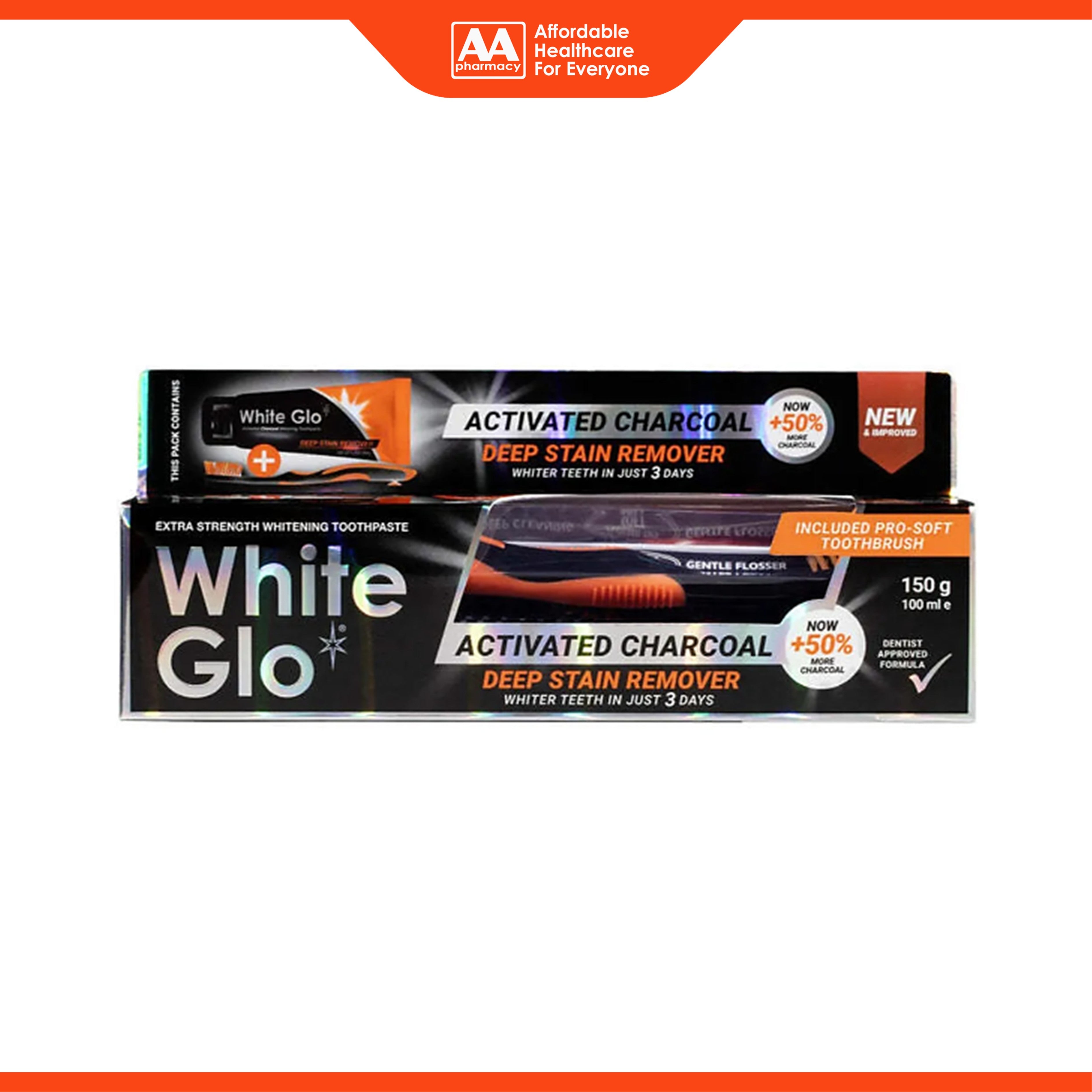 White Glo Extra Strength Whitening Toothpaste - Activated Charcoal Deep Stain Remover (150g)