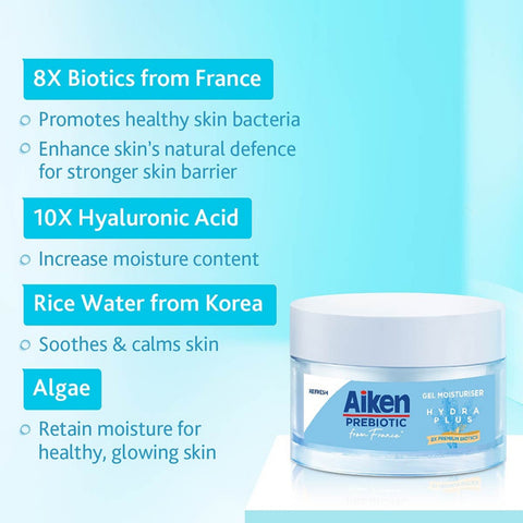 Aiken Prebiotic Hydra Plus Gel Moisturiser with Rice Water and 8x Premium Biotics 40g