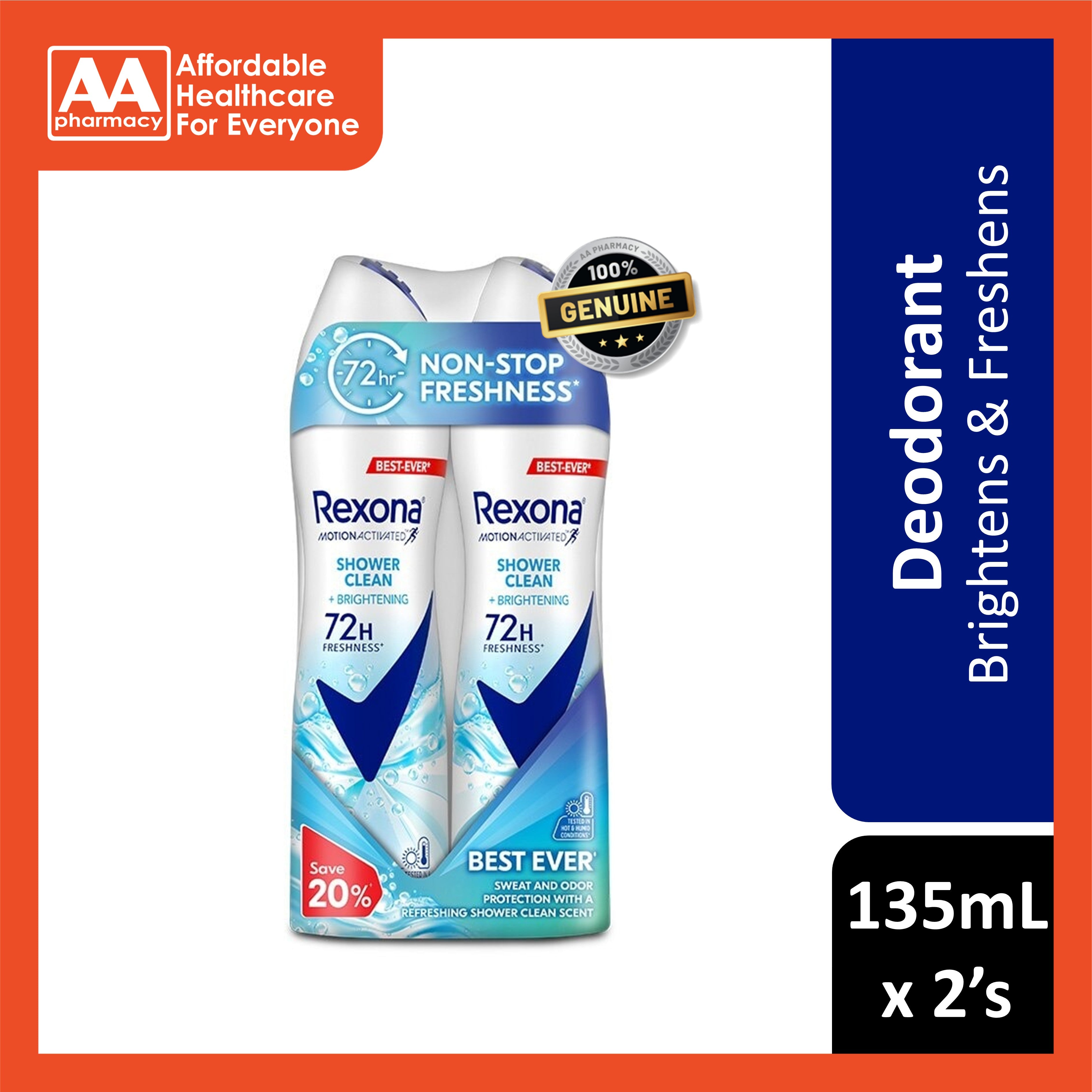Rexona Motion Activated Antiperspirant Spray (Shower Clean + Brightening) 135mLx2's [Twinpack]