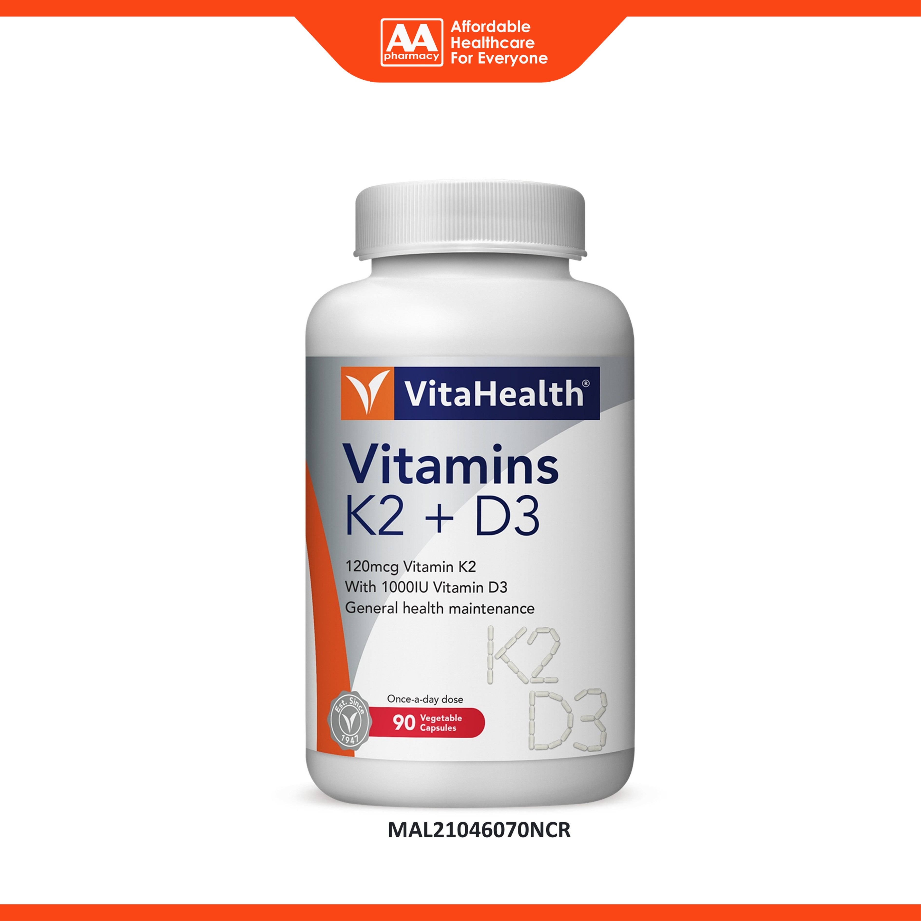 VitaHealth Vitamins K2 + D3 Vegetable Capsule 90's