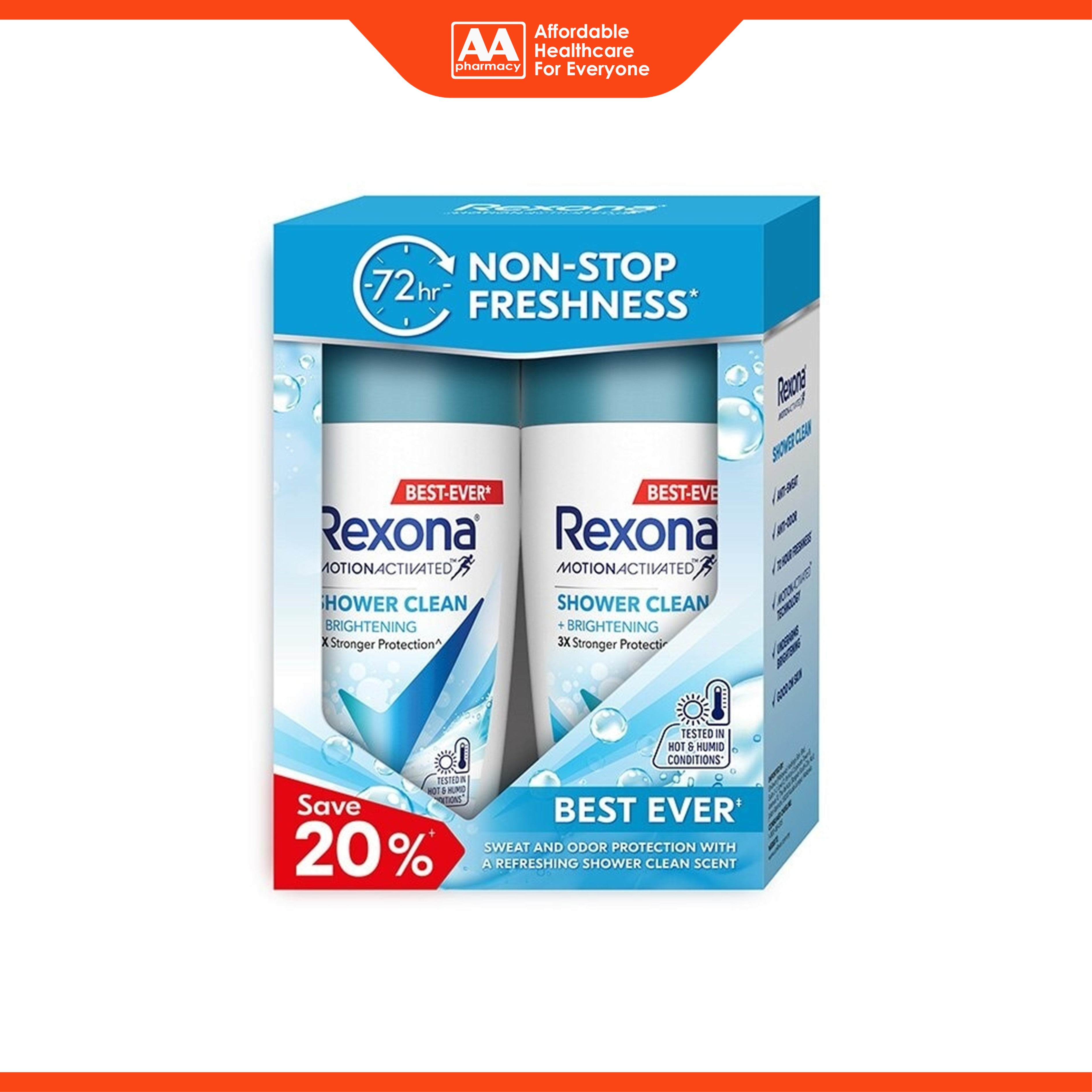 Rexona Motion Activated Antiperspirant Roll On (Shower Clean + Brightening) 45mLx2's [Twinpack]