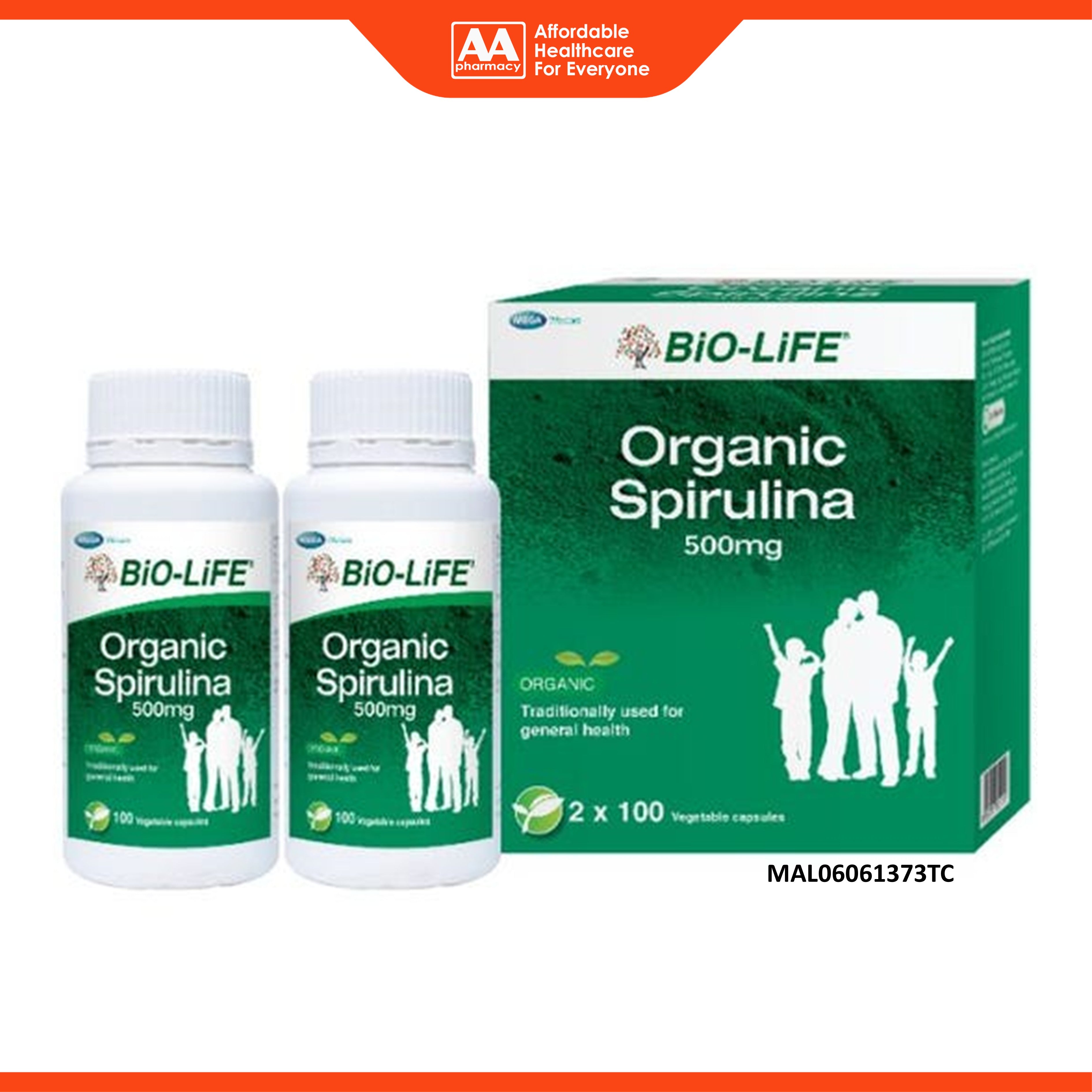Bio-Life Organic Spirulina 500mg Vegetable Capsule 2x100's [Twinpack]