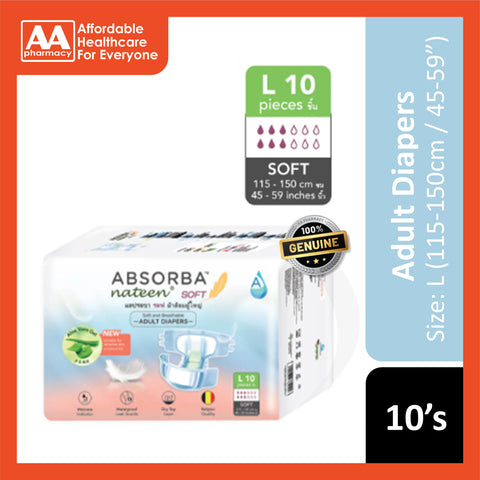 Absorba Nateen Soft Adult Diapers Size L 10's (115-150cm / 45-59 inches)