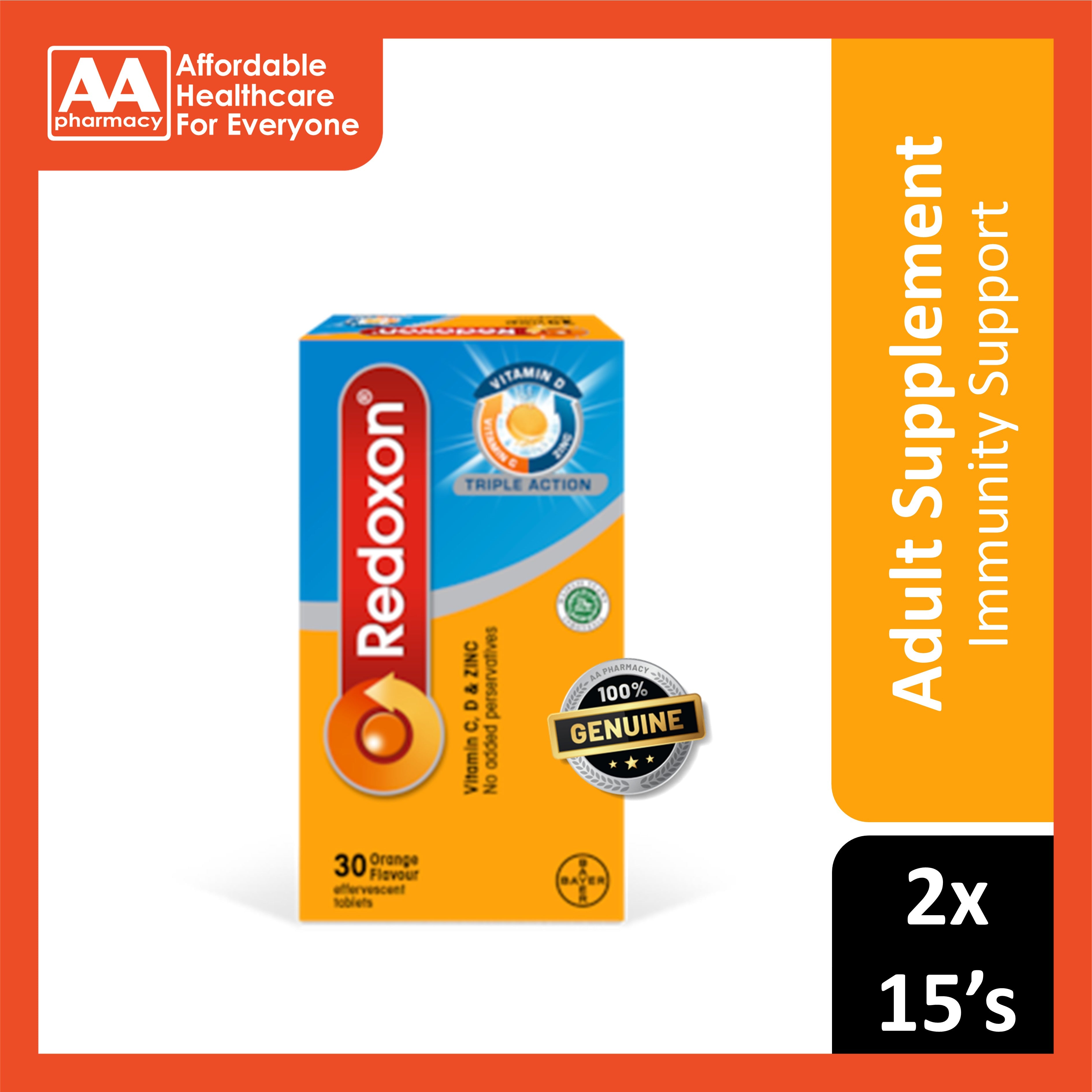 Redoxon Triple Action (Vitamins C, D and Zinc) Effervescent Tablet 2x15’s (Orange Flavour)