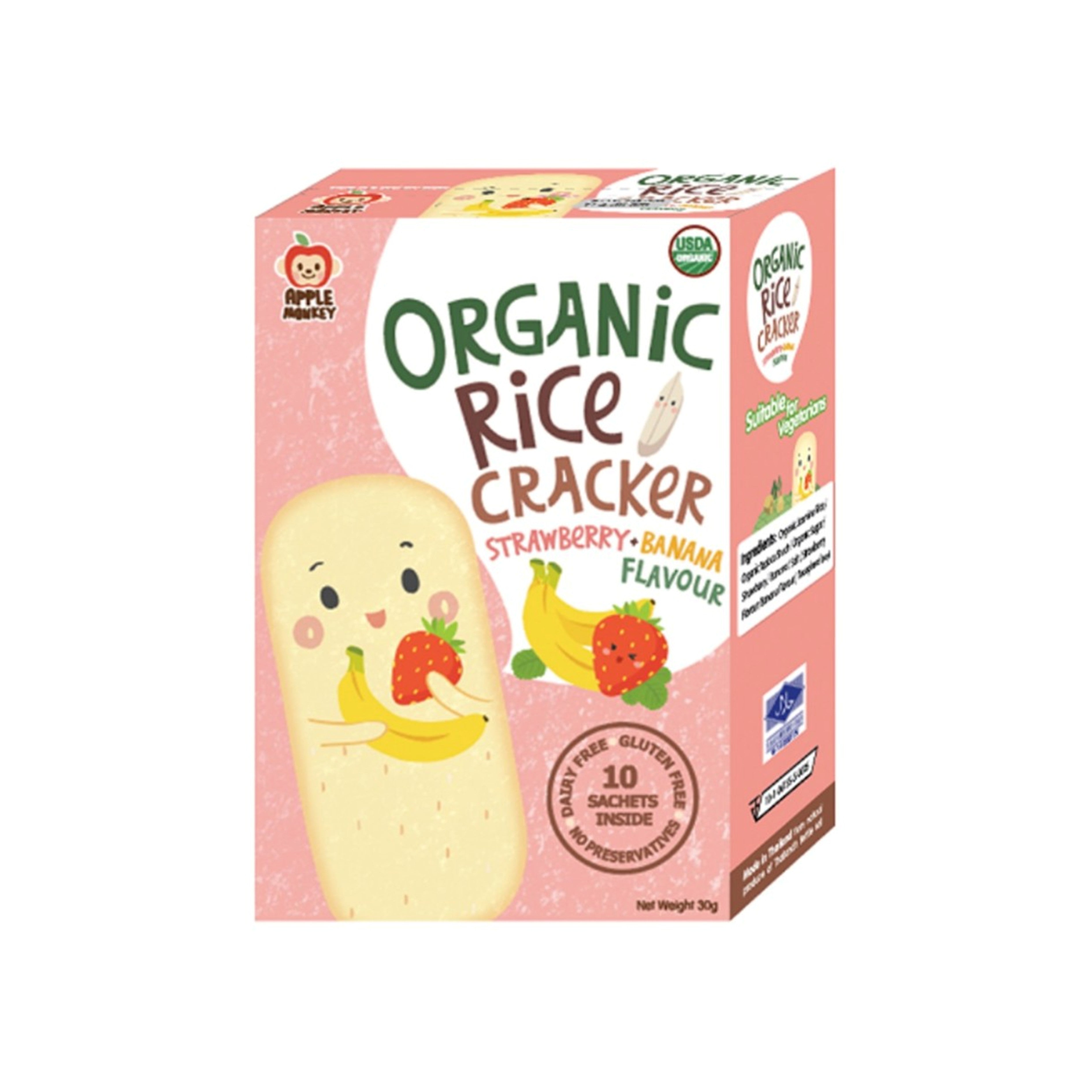 Apple Monkey Organic Rice Cracker - Strawberry Banana Flavour (10 x 3g)