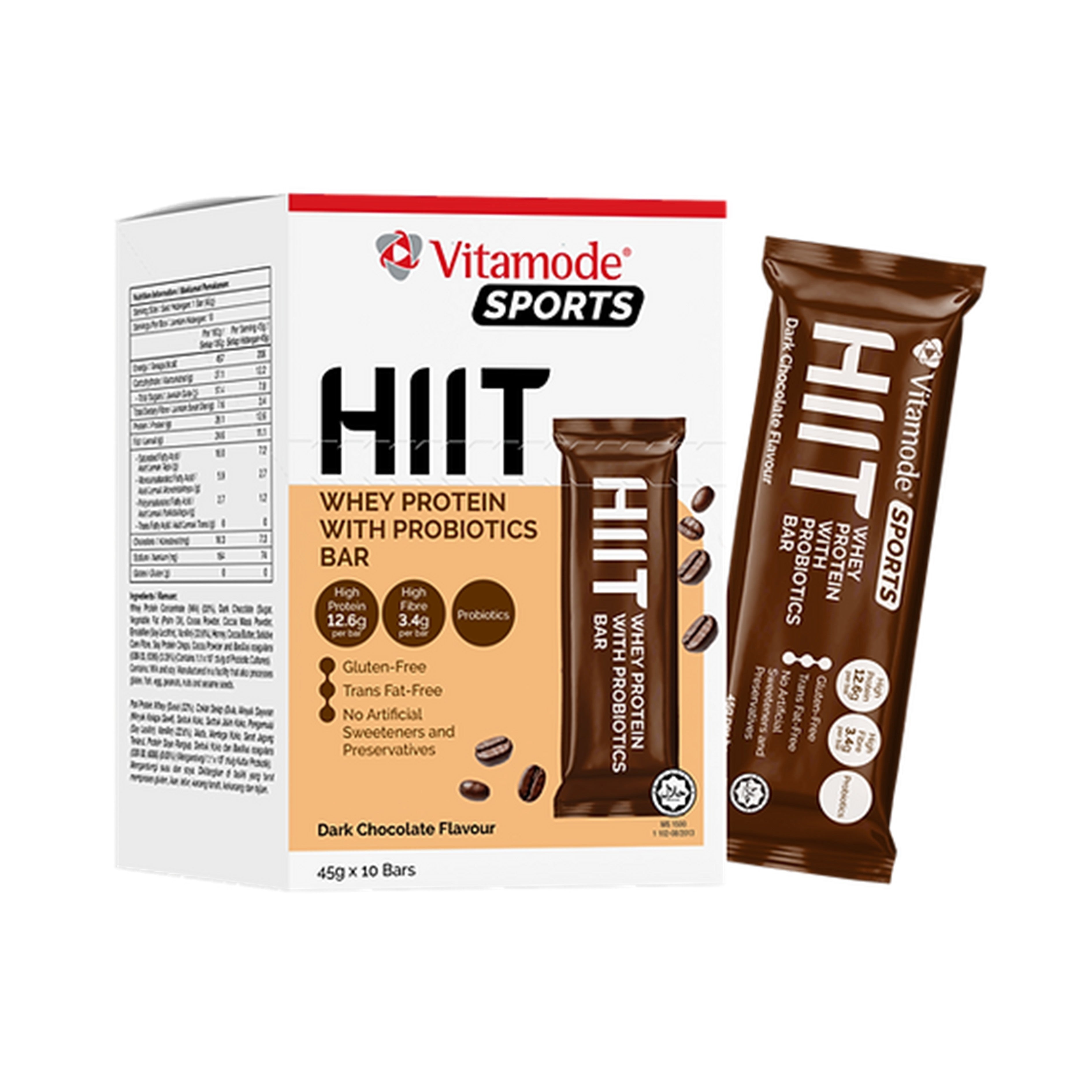 Vitamode Sports HIIT Whey Protein with Probiotics Bar (Dark Chocolate) 45gx10's