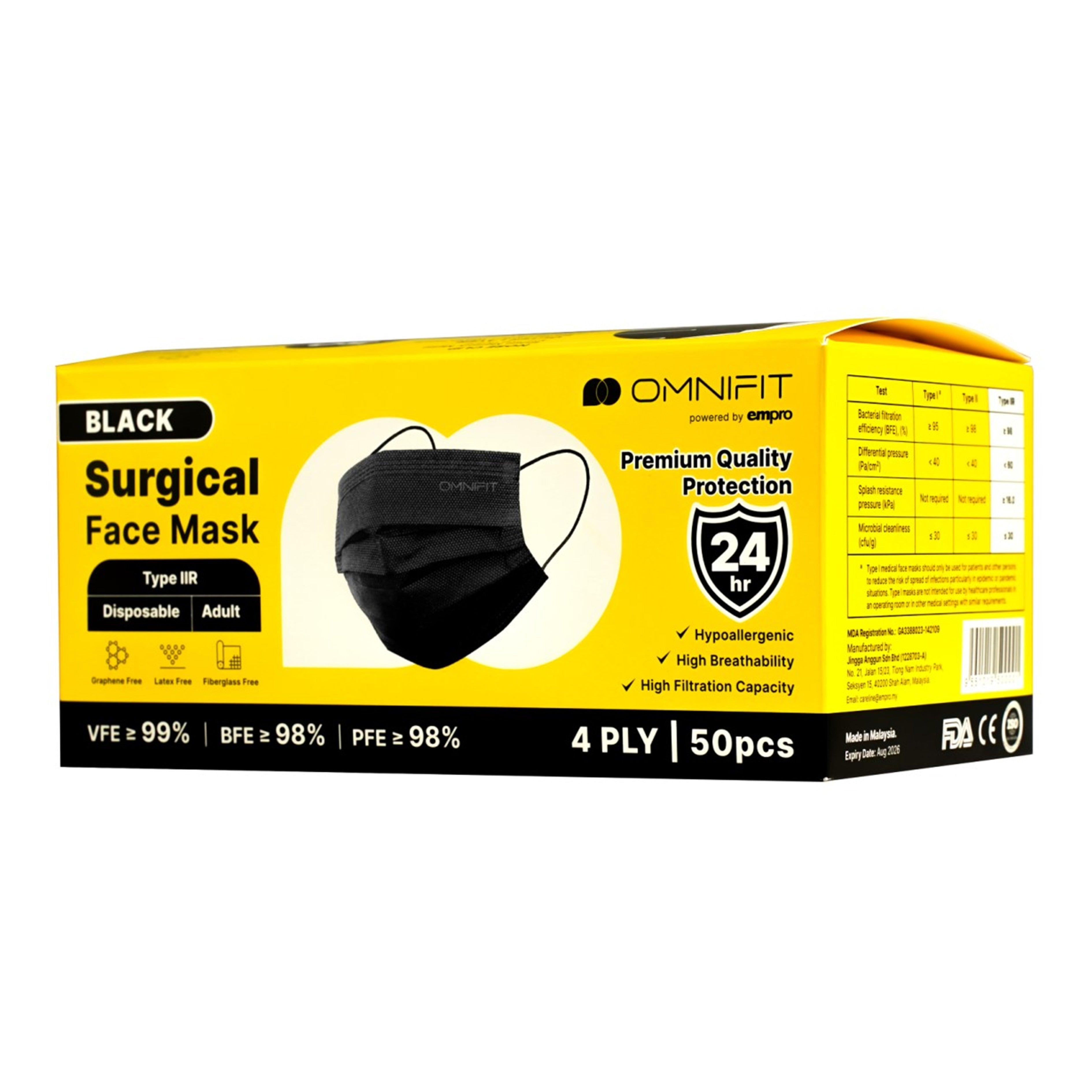 Omnifit Surgical Face Mask - 4 ply, Black (50's)