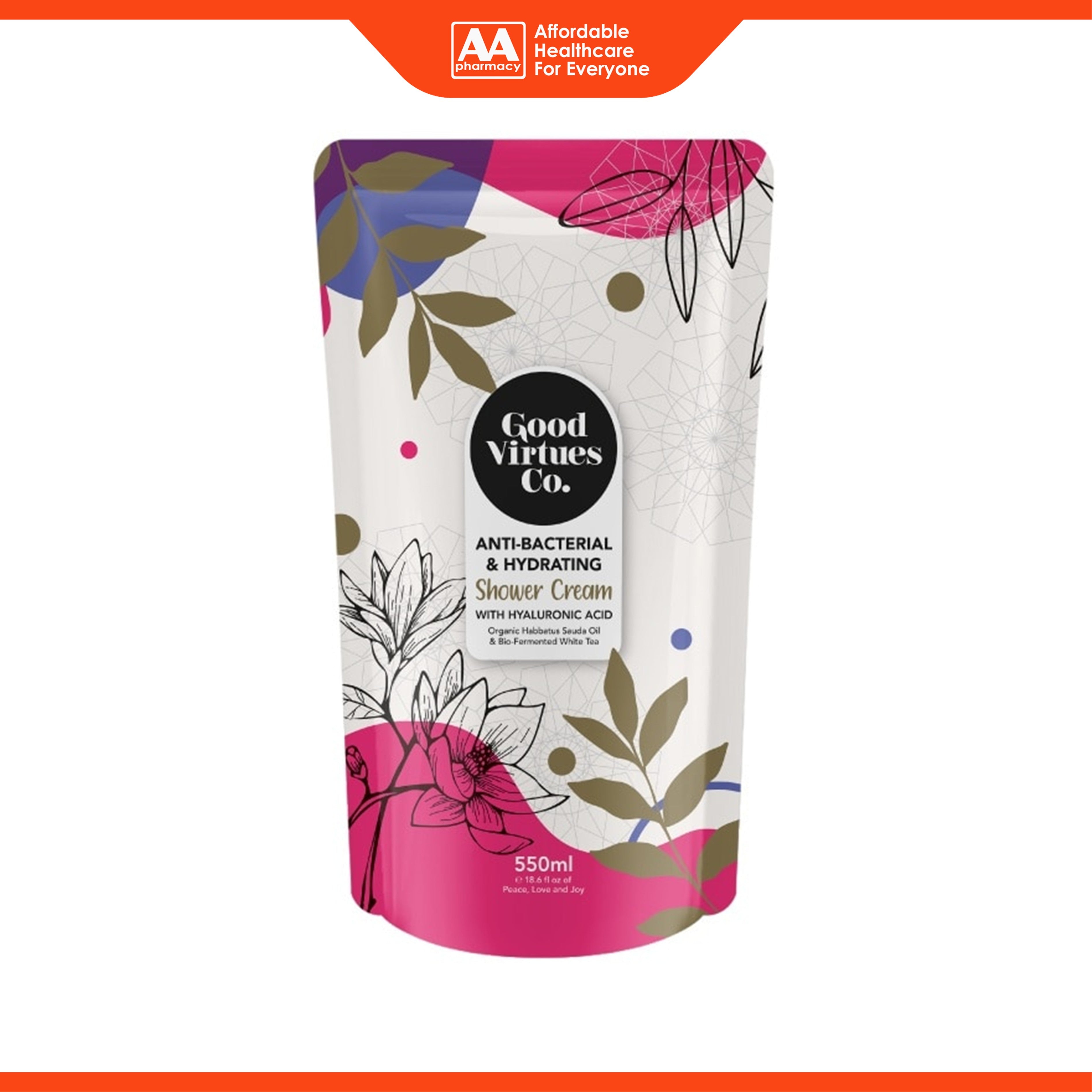 Good Virtues Co. Shower Cream Refill Pack - Anti-Bacterial and Hydrating with Hyaluronic Acid (550ml)