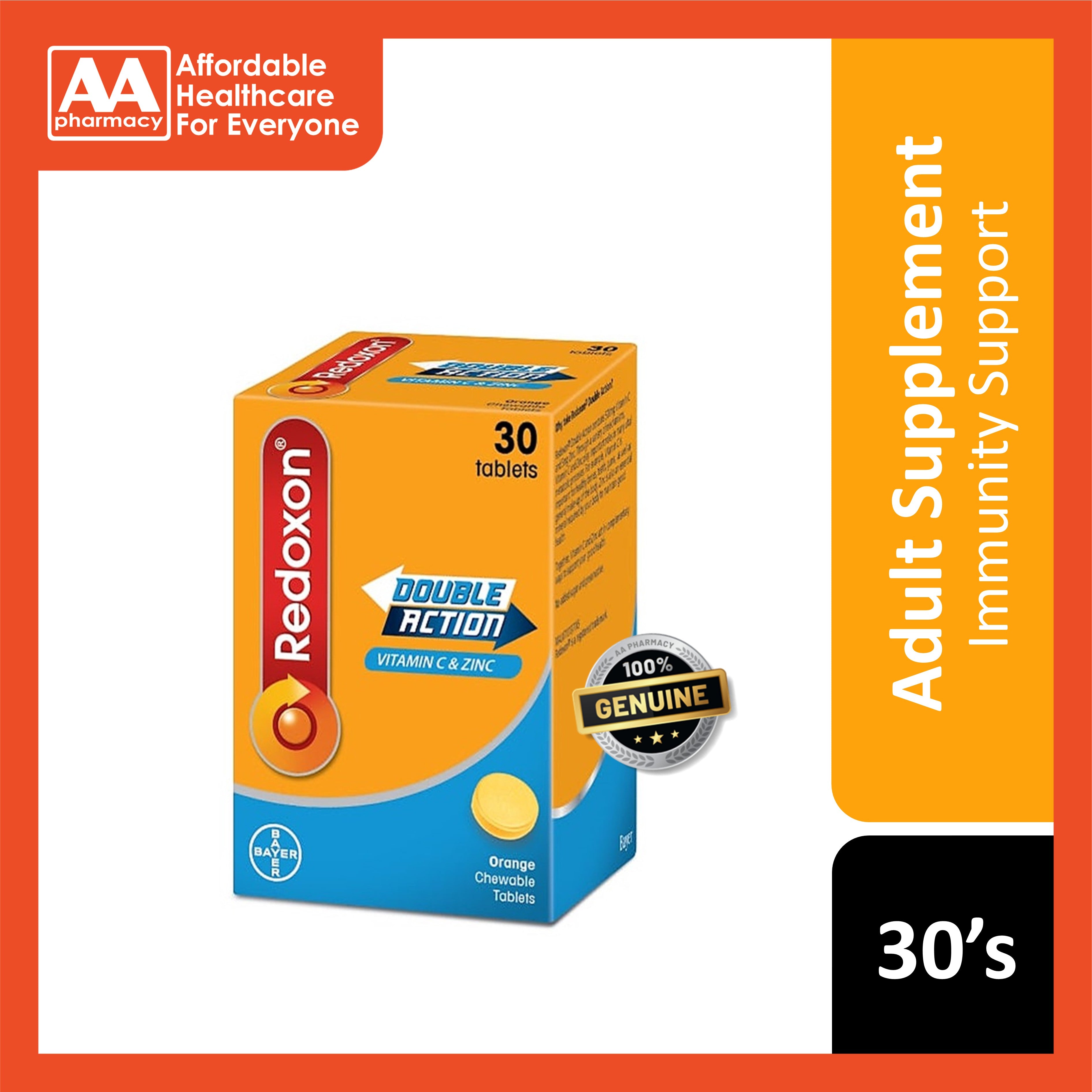 Redoxon Double Action (Vitamin C and Zinc) Chewable Tablet 30's (Orange Flavour)