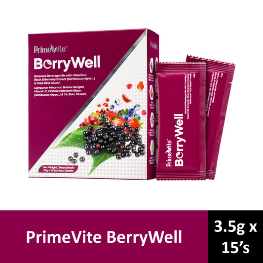 PrimeVite BerryWell (Vitamin C, Black Elderberry Extract, Yeast Beta Glucan) Botanical Beverage Mix Powder 3.5gx15's