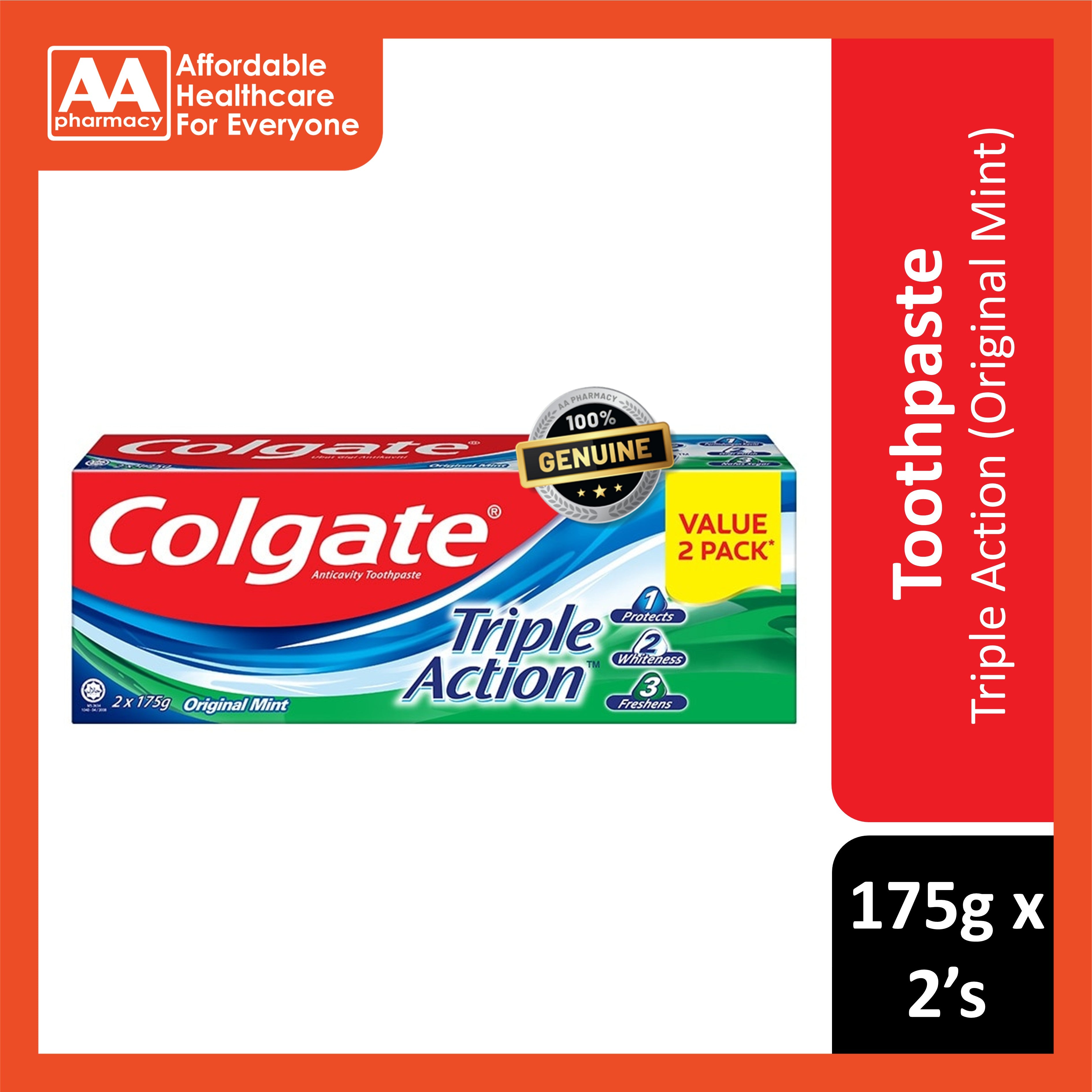 Colgate Toothpaste (Triple Action, Original Mint) 175gx2's [Twinpack]