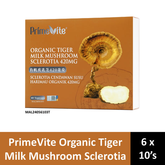 PrimeVite Organic Tiger Milk Mushroom Sclerotia 420mg Vegecapsule 6x10's