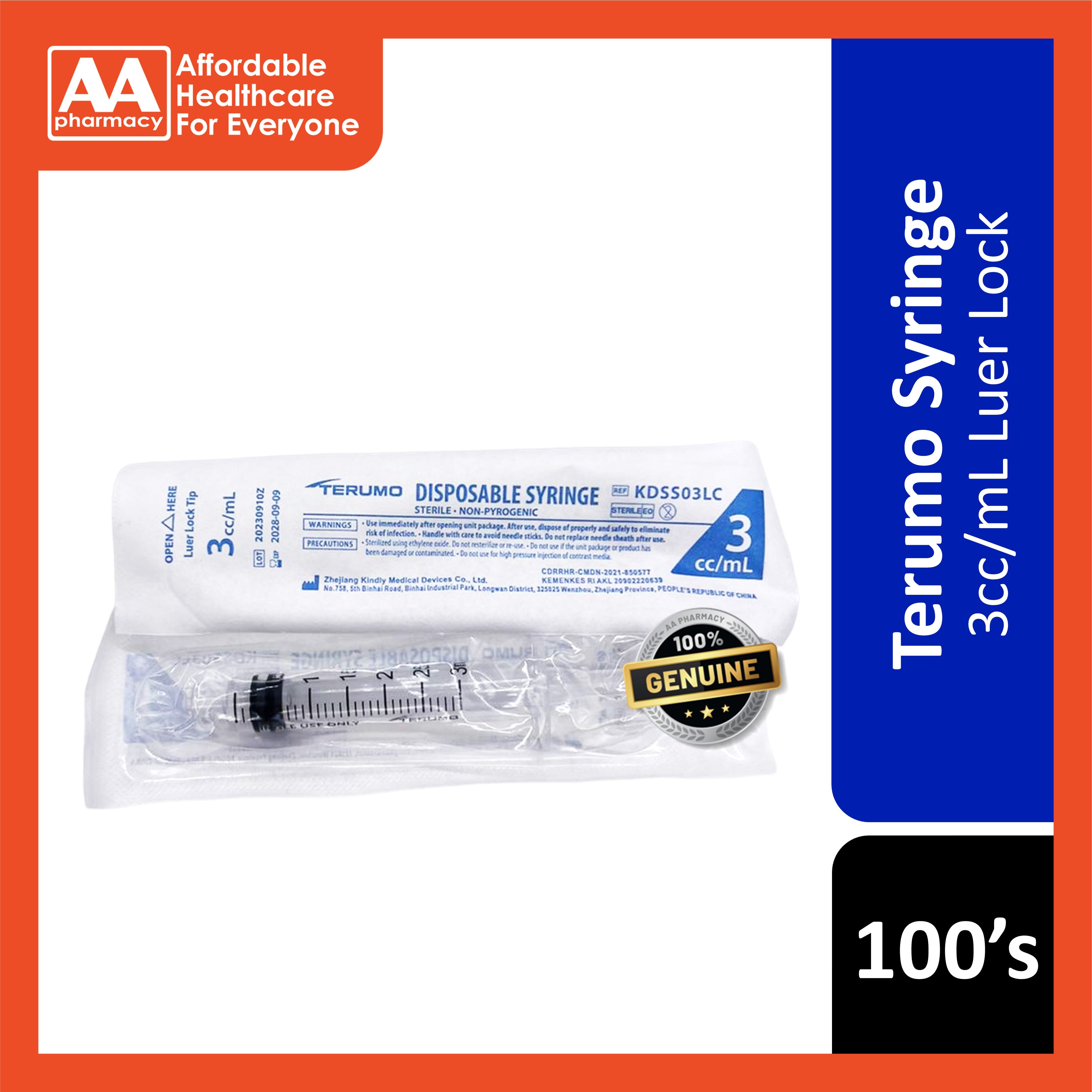 Terumo Syringe 3cc/mL 100's (Luer Lock/Luer Slip) – AA Pharmacy