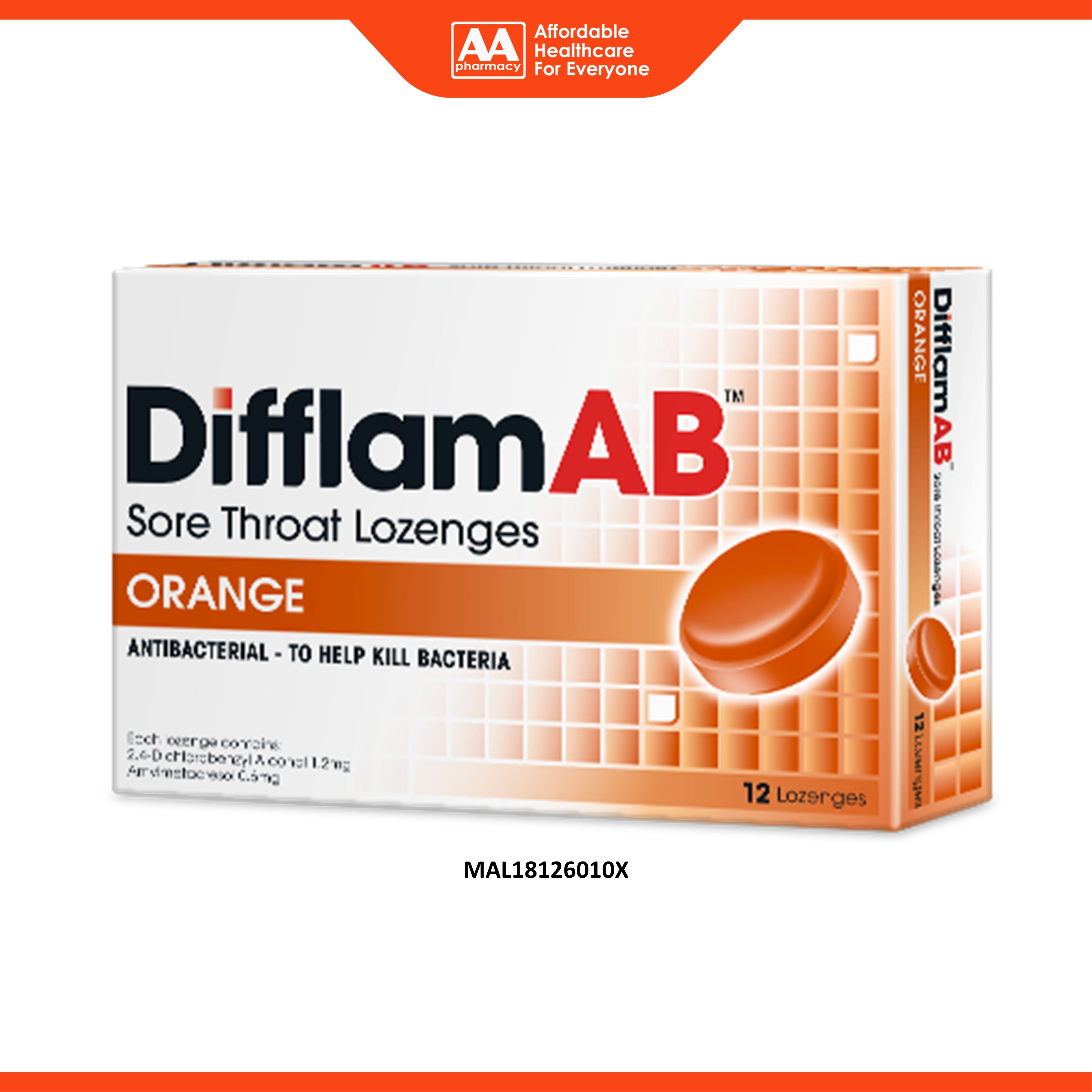 Difflam AB Sore Throat Lozenges 12's (Orange)