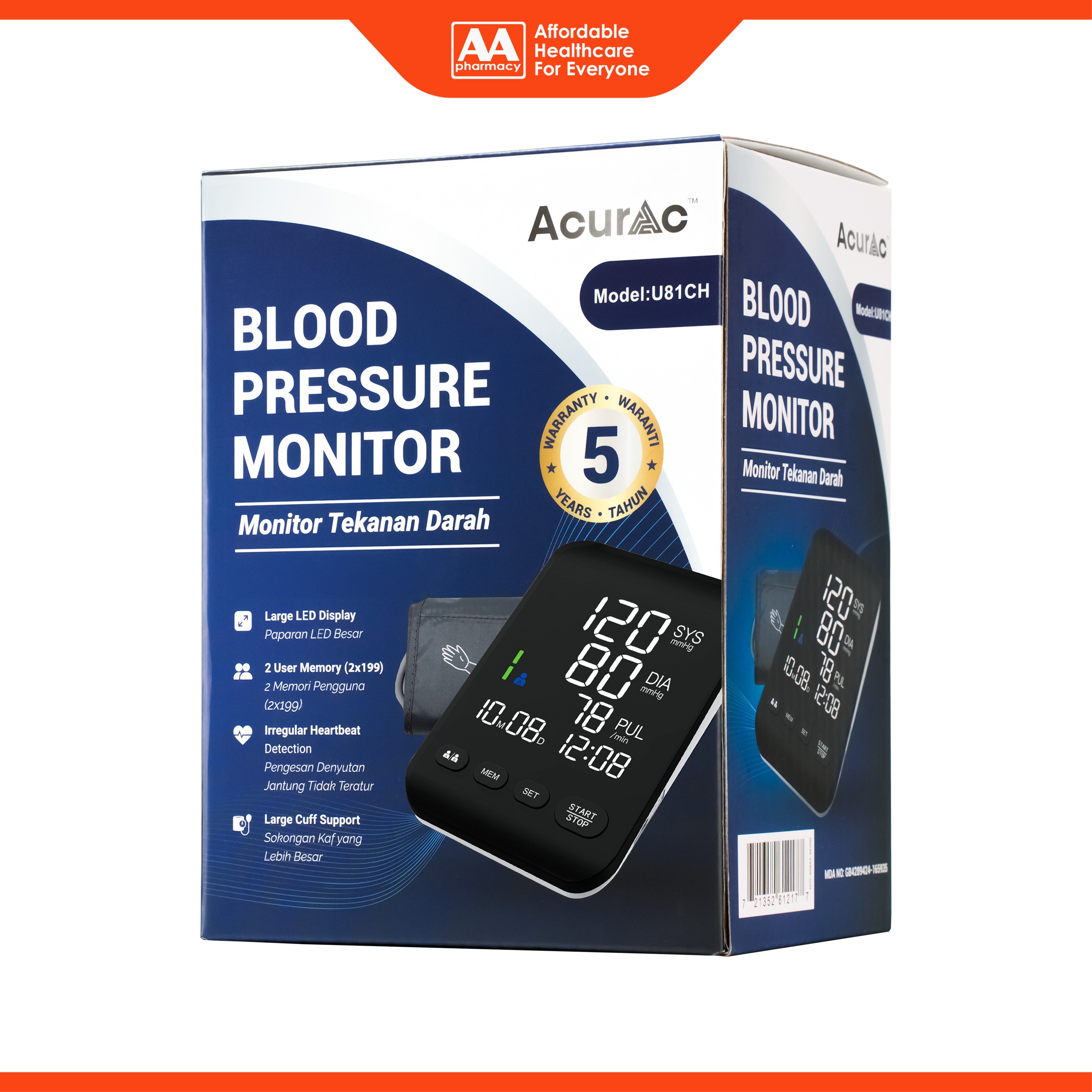 Acurac Premium Blood Pressure Monitor (Model: U81CH) [5 Years Warranty]