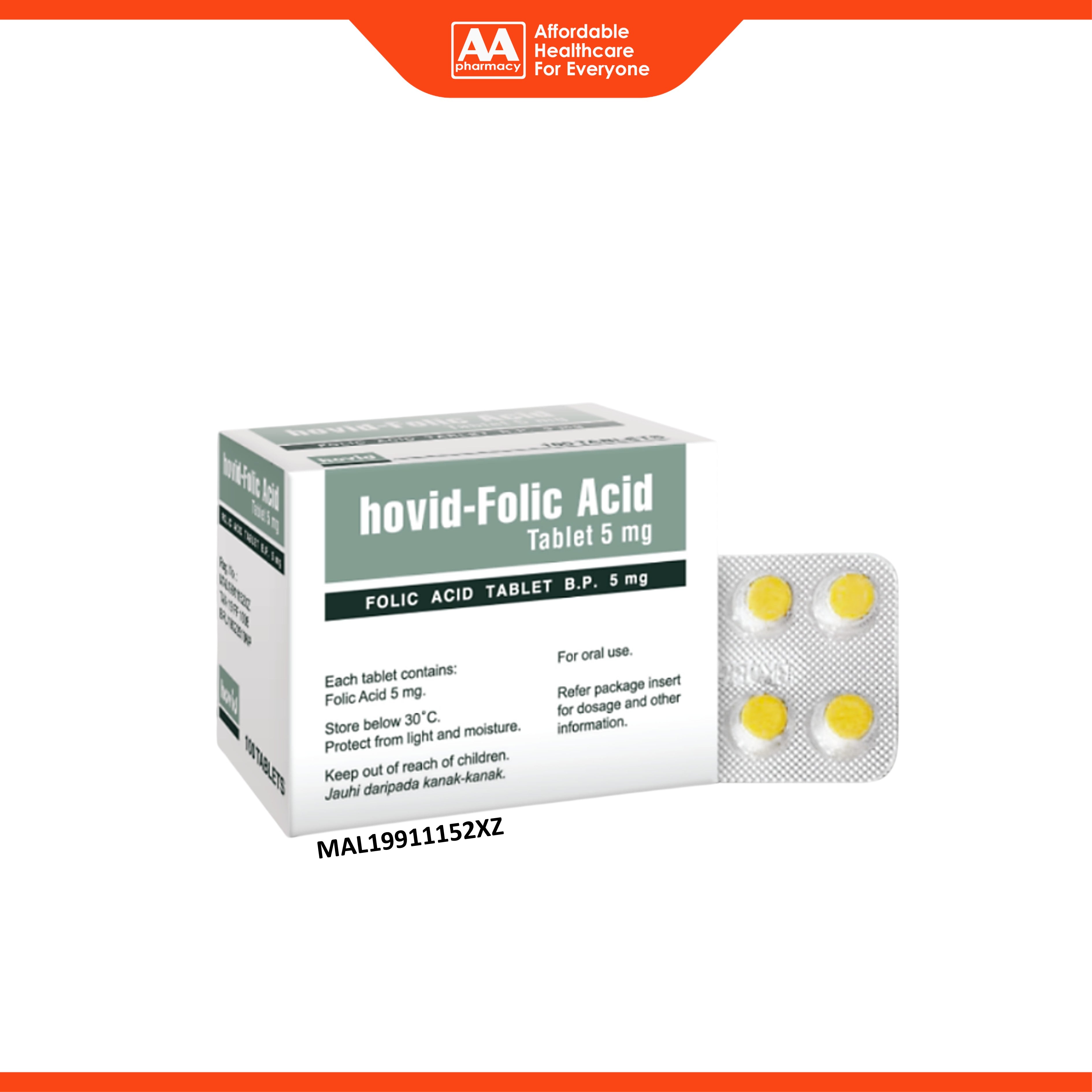 Hovid Folic Acid 5mg Tablet 10x10's