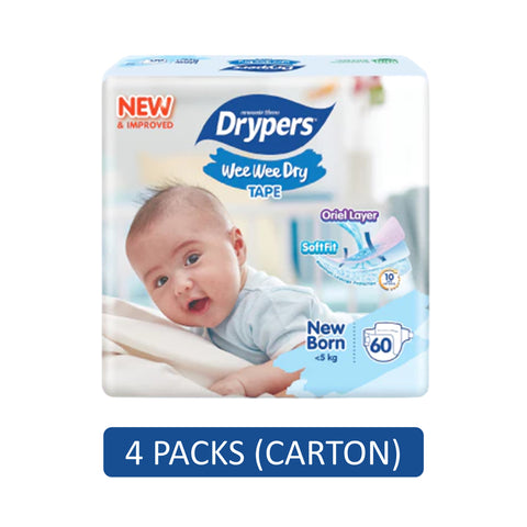 Drypers Wee Wee Dry Baby Tape Diapers Size NB 60's (For Up To 5kg) [4 Packs/Carton]