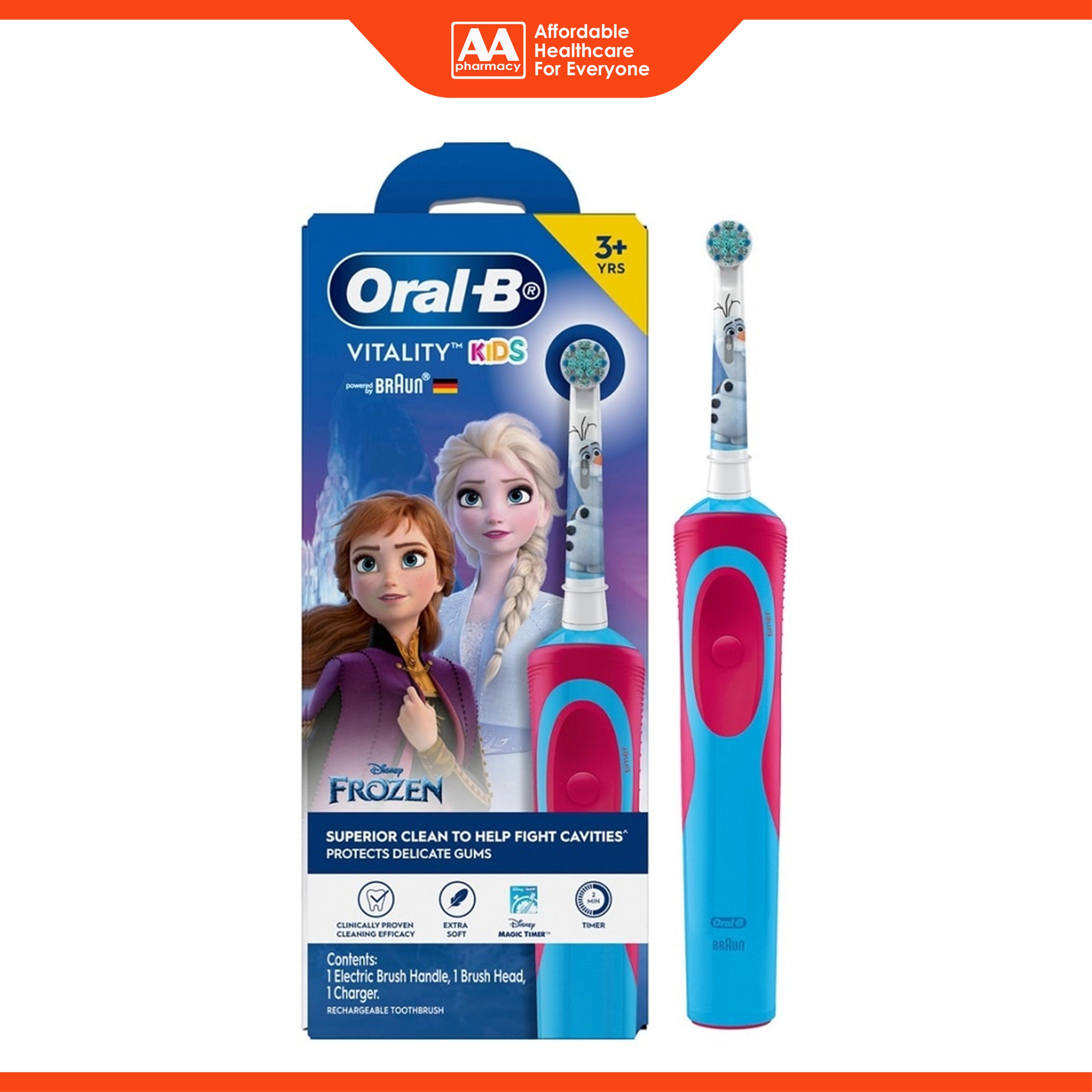 Oral-B Vitality Kids (Disney Frozen) Rechargeable Toothbrush (1 Handle, 1 Brush Head, 1 Charger) [For Children 3+ Years]
