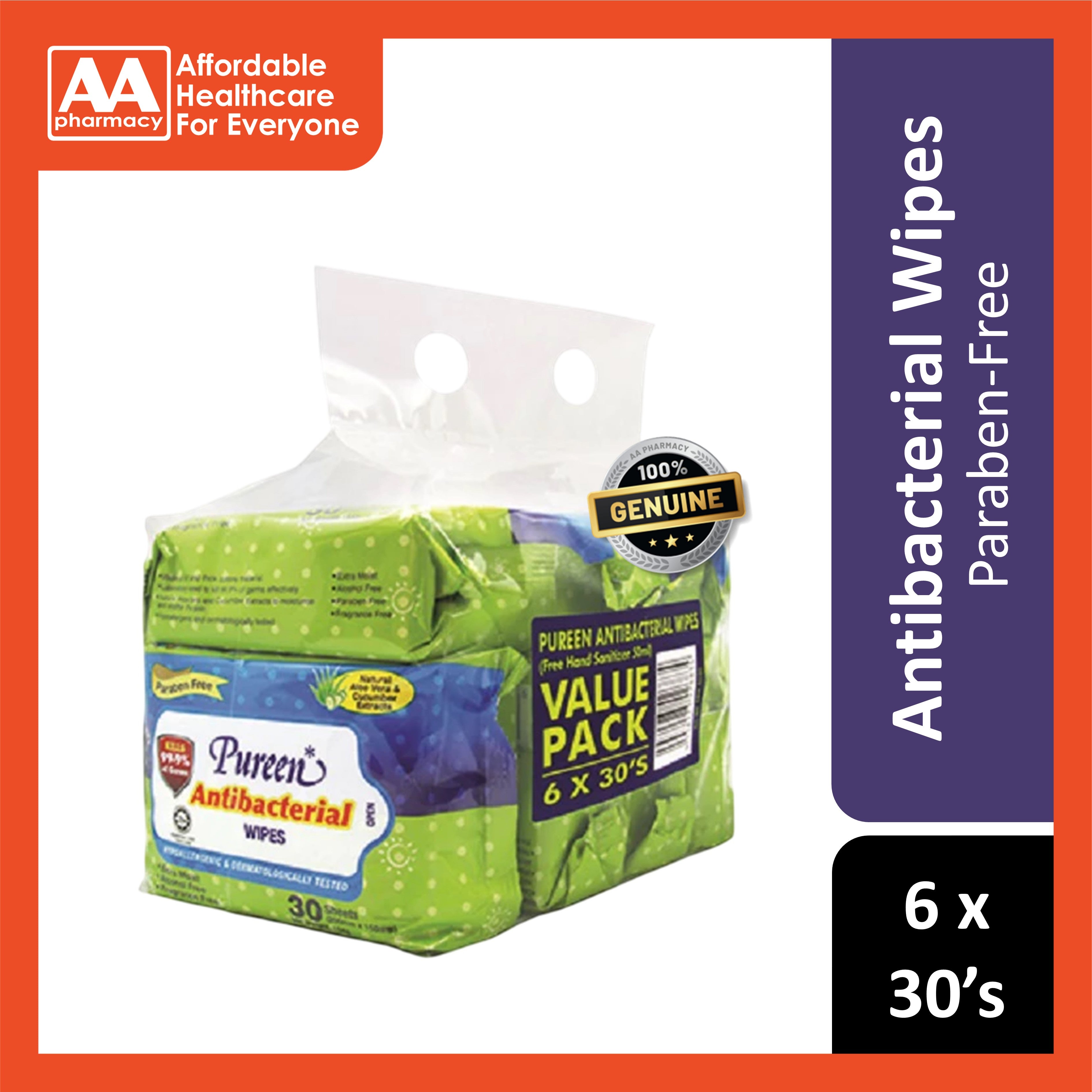 Pureen Antibacterial Wipes 6x30's [Value Pack]