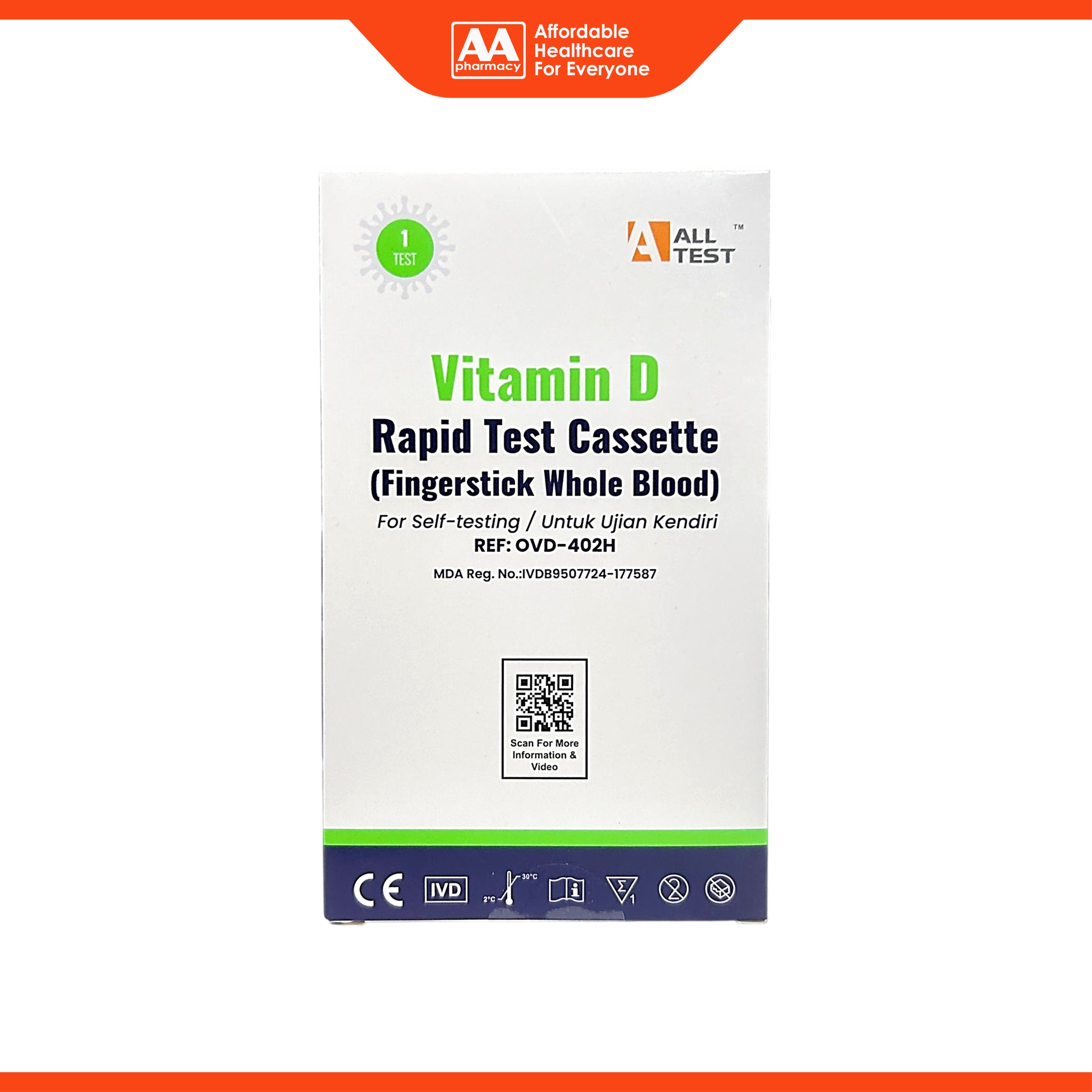 ALLTEST Vitamin D Rapid Test Cassette (Fingerstick Whole Blood) - REF OVD-402H (1's) - Self-Testing for Vitamin D Deficiency