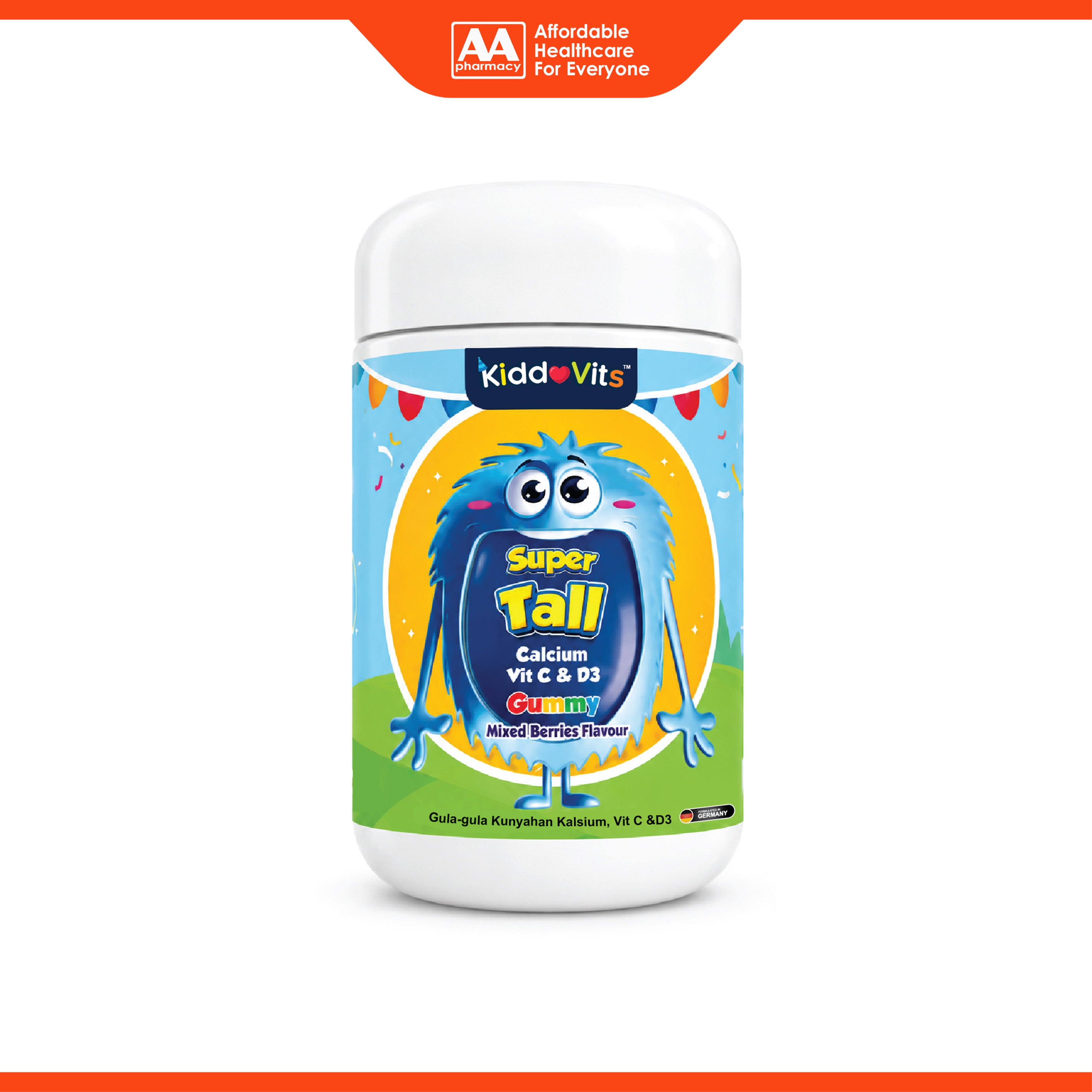 KiddoVits Super Tall (Calcium, Vitamins C and D3) Gummy 60's (Mixed Berries Flavour)