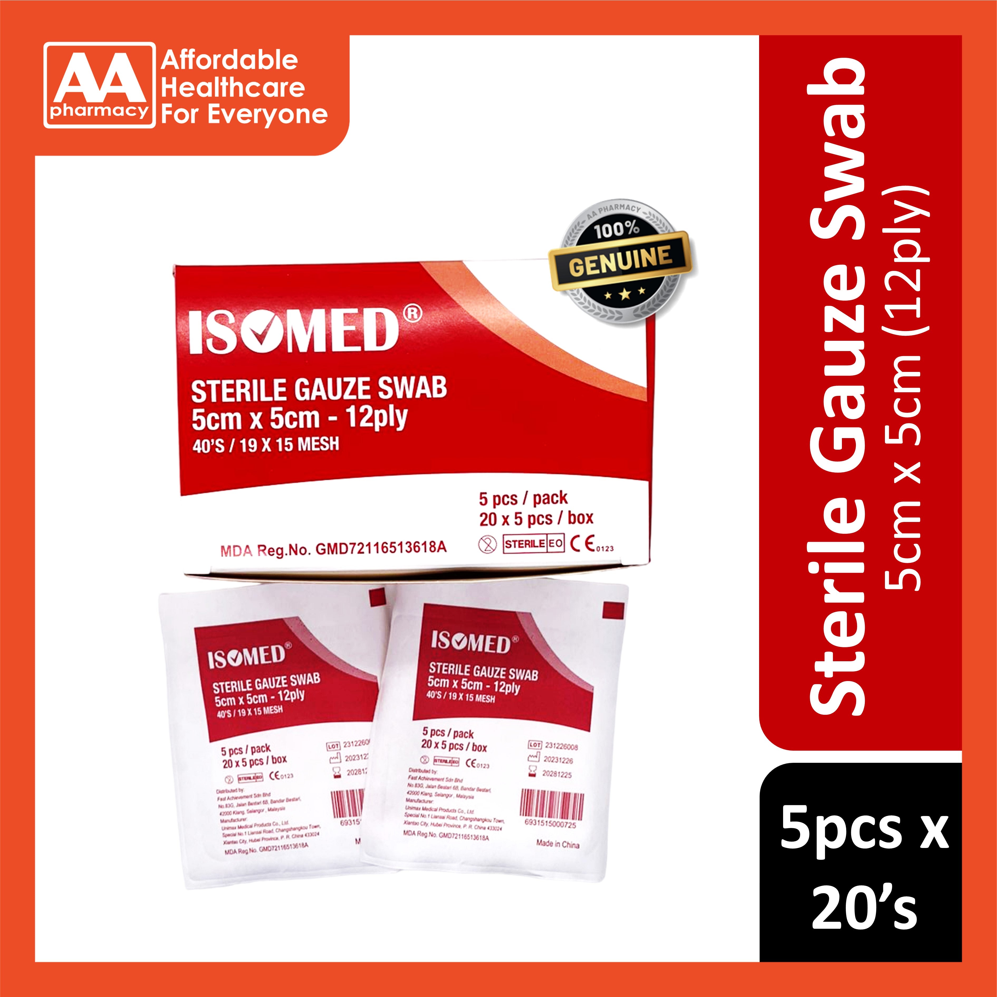 Sterile Gauze Swab 5cmx5cmx12ply 5pcsx20's