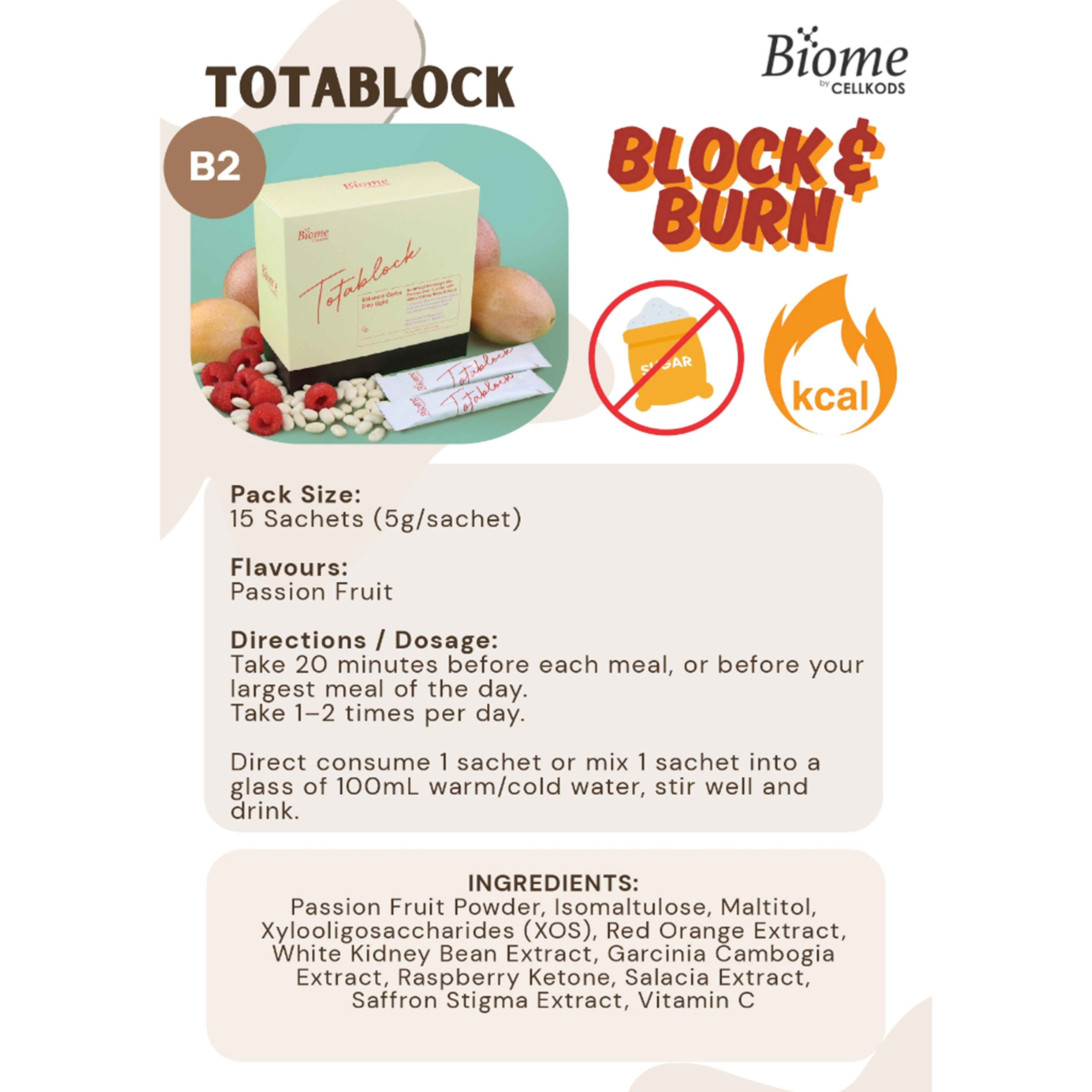 Biome Totablock (Botanical Beverage Mix Passion Fruit Powder with White Kidney Bean Extract) Sachet 5gx15's