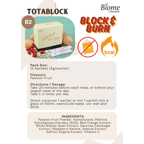 Biome Totablock (Botanical Beverage Mix Passion Fruit Powder with White Kidney Bean Extract) Sachet 5gx15's
