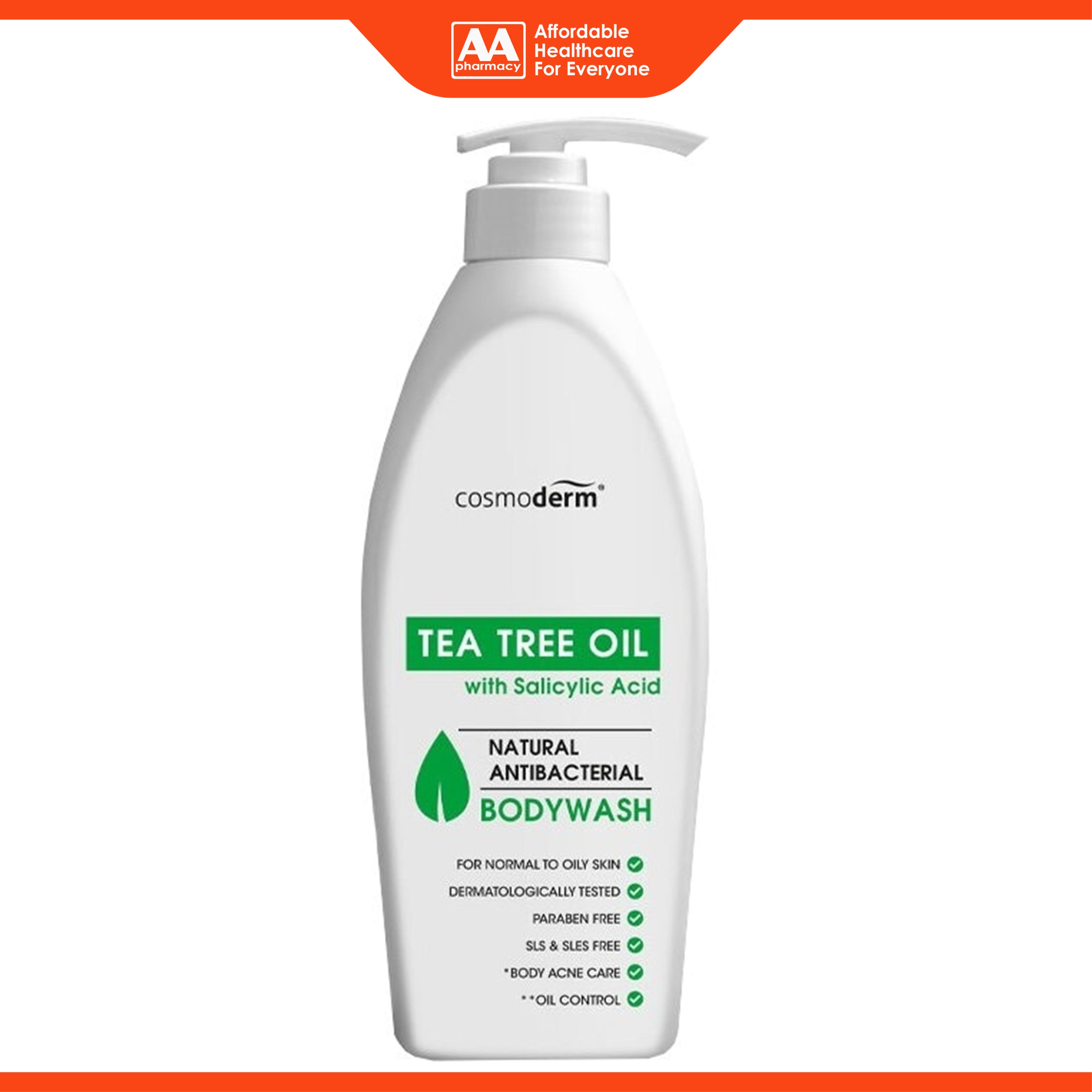 Cosmoderm Natural Antibacterial Body Wash - Tea Tree Oil with Salicylic Acid (500ml)
