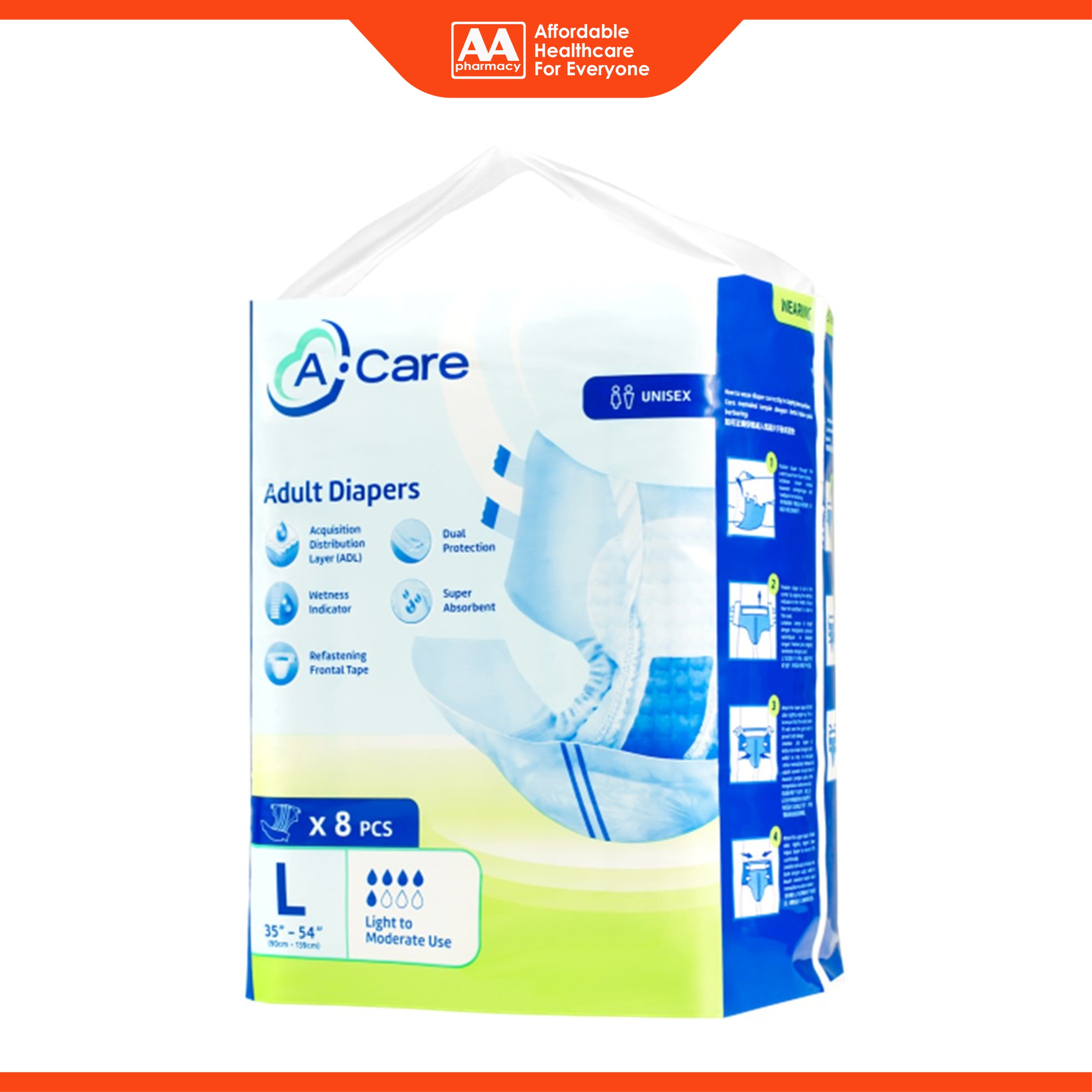 A-Care Adult Diapers Size L 8's (90-139cm / 35-54 inches)