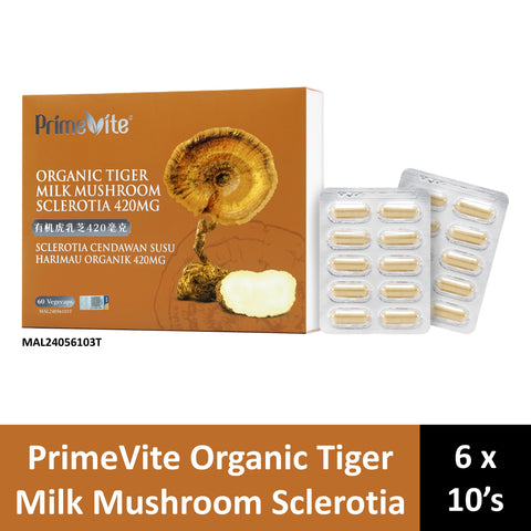 PrimeVite Organic Tiger Milk Mushroom Sclerotia 420mg Vegecapsule 6x10's