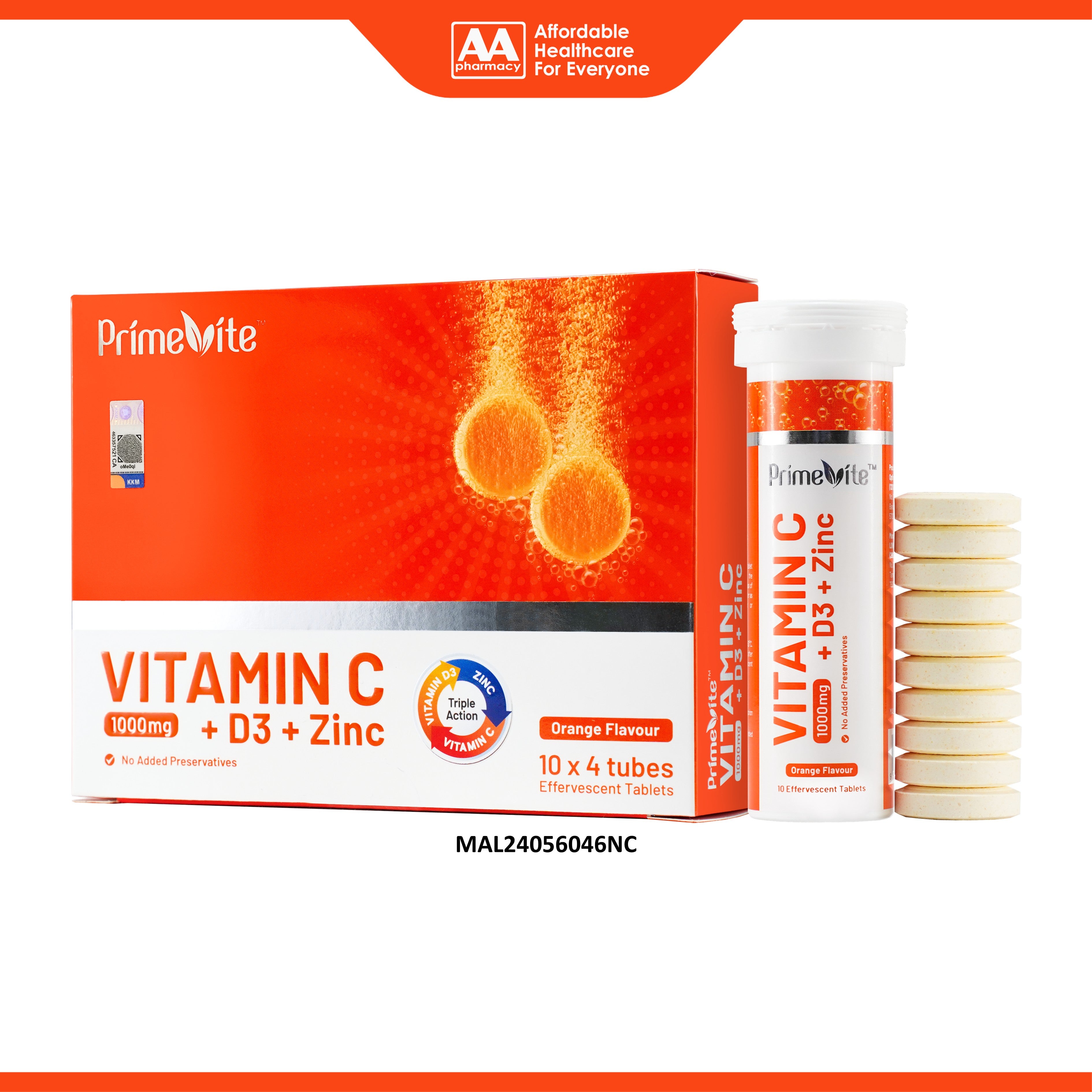 PrimeVite Vitamin C 1000mg + Vitamin D3 + Zinc Effervescent Tablet 4x10's (Orange Flavour)