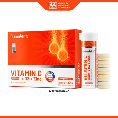 PrimeVite Vitamin C 1000mg + Vitamin D3 + Zinc Effervescent Tablet 4x10's (Orange Flavour)