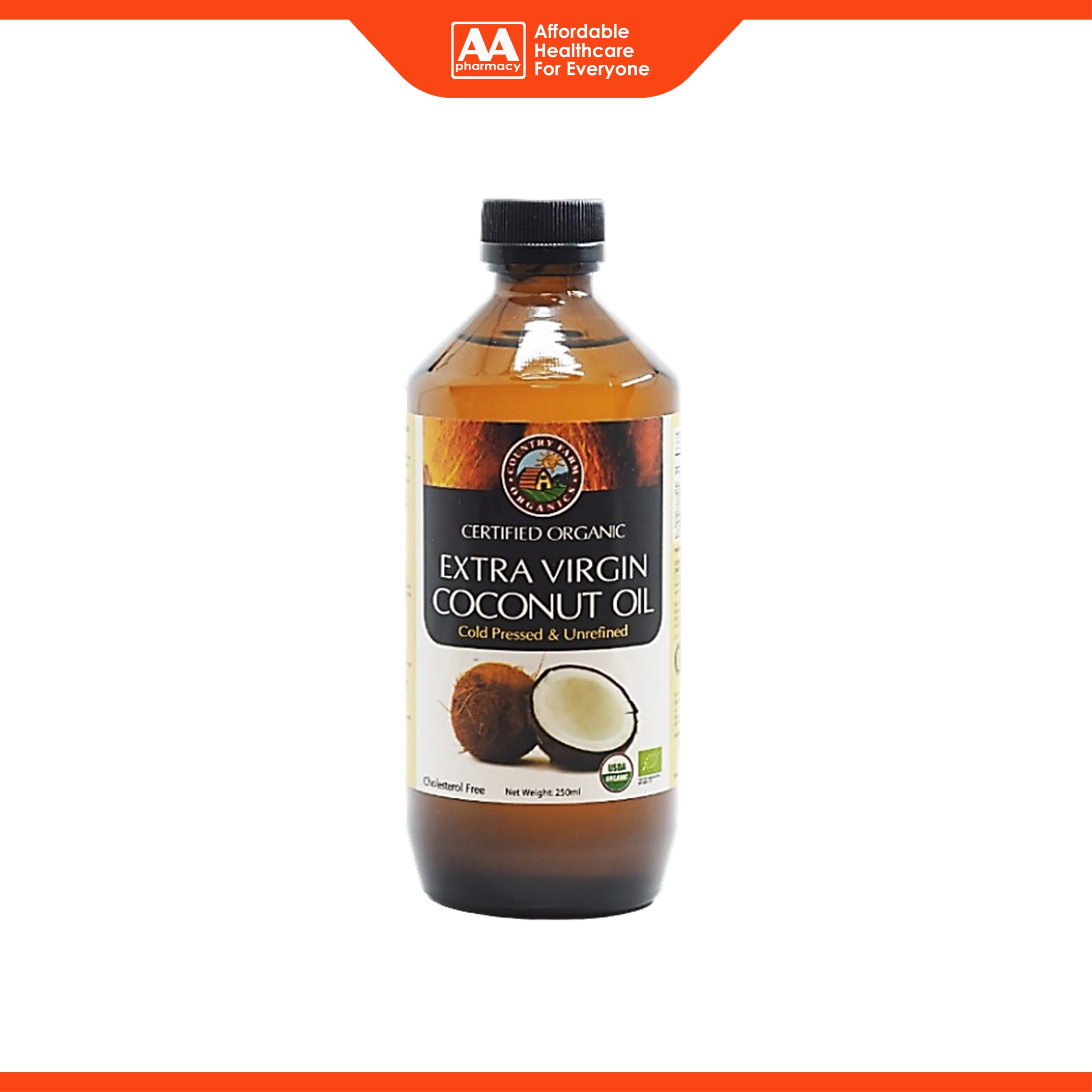 Country Farm Certified Organic Extra Virgin Coconut Oil (250ml) - Cold Pressed and Unrefined