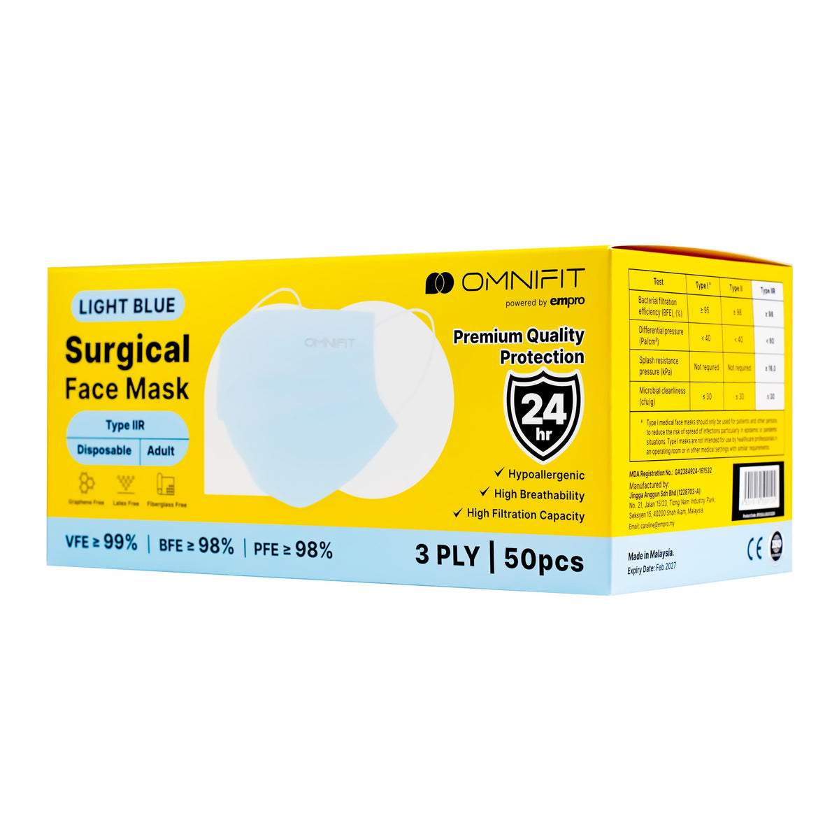 Omnifit Surgical Face Mask - 3 ply, Light Blue (50's)
