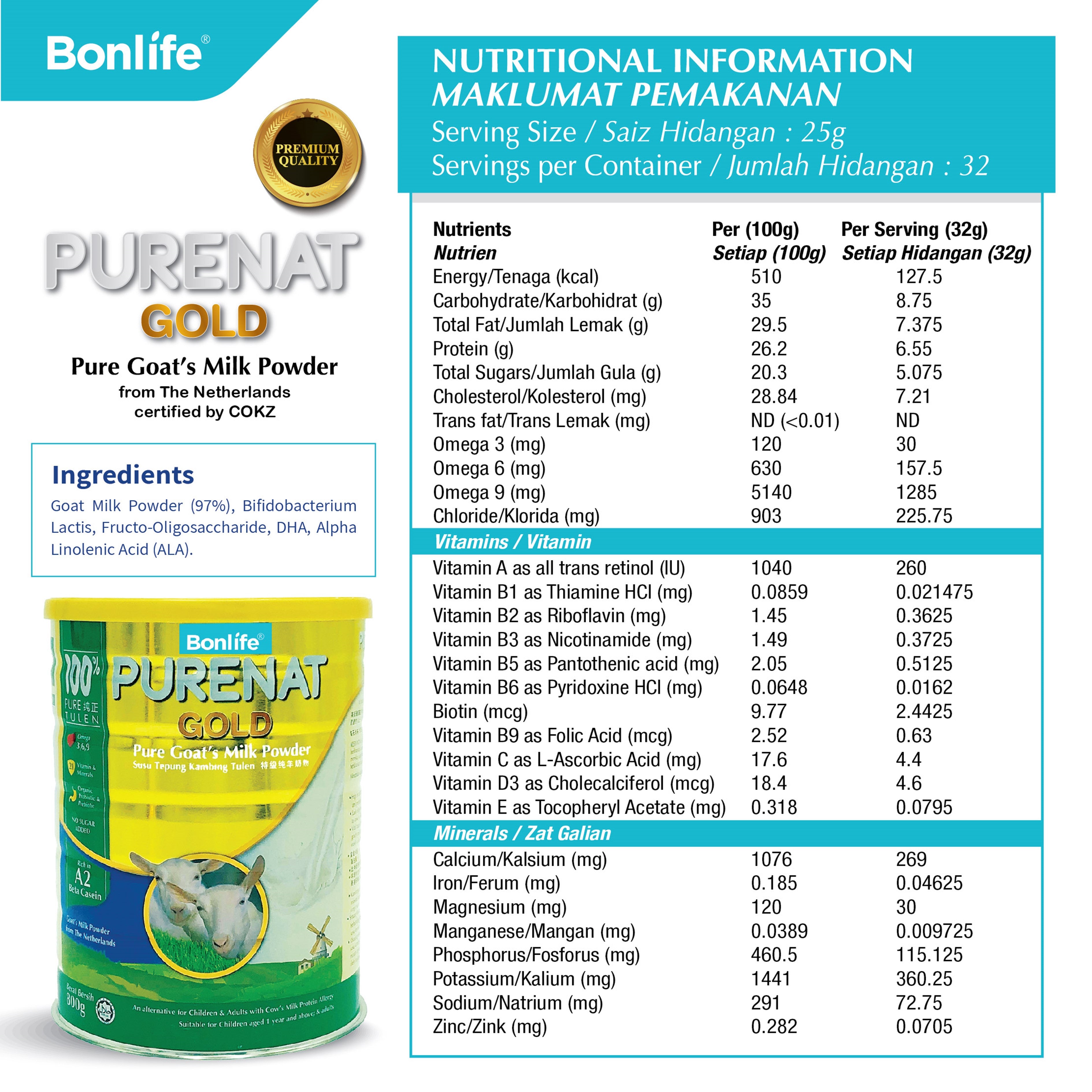 Bonlife Purenat Gold Pure Goat's Milk Powder 800g