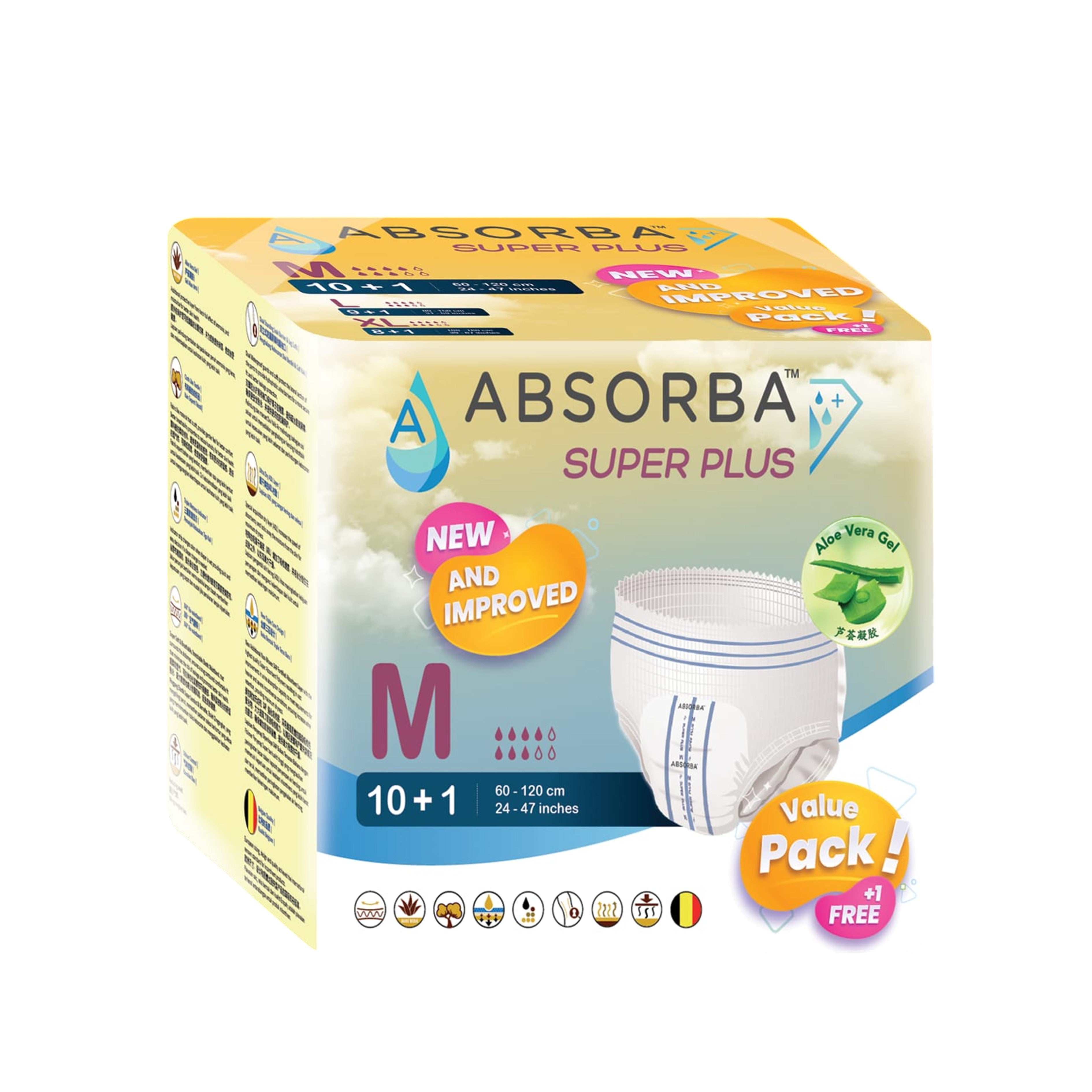 Absorba Super Plus Adult Pull Up Pants Size M 11's (60-120cm / 24-47 inches) [New Packaging]