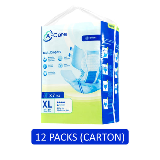 A-Care Adult Diapers Size XL 7's (100-155cm / 39-61 inches) [12 Packs/Carton]