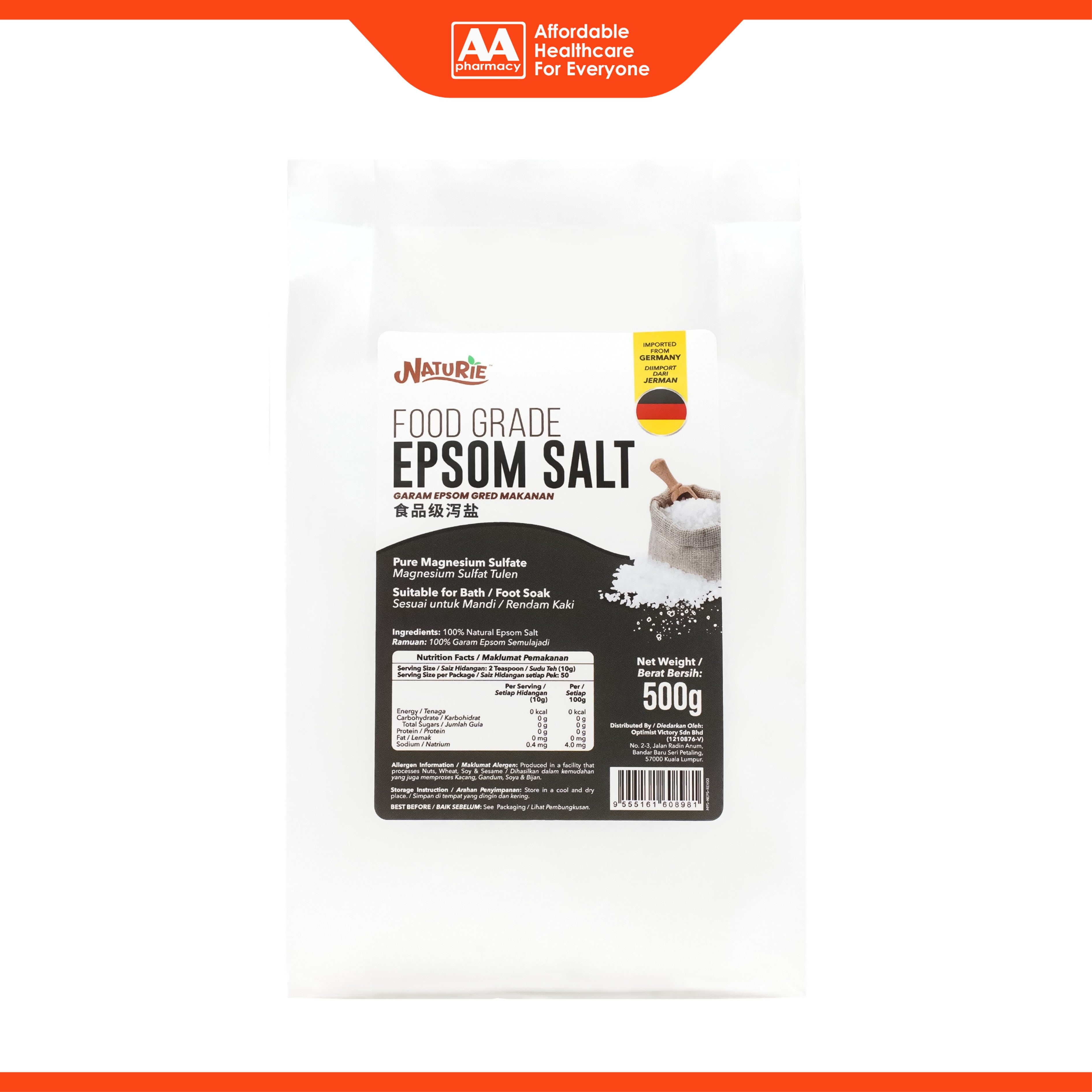 Naturie Food Grade Epsom Salt (Pure Magnesium Sulfate) 500g