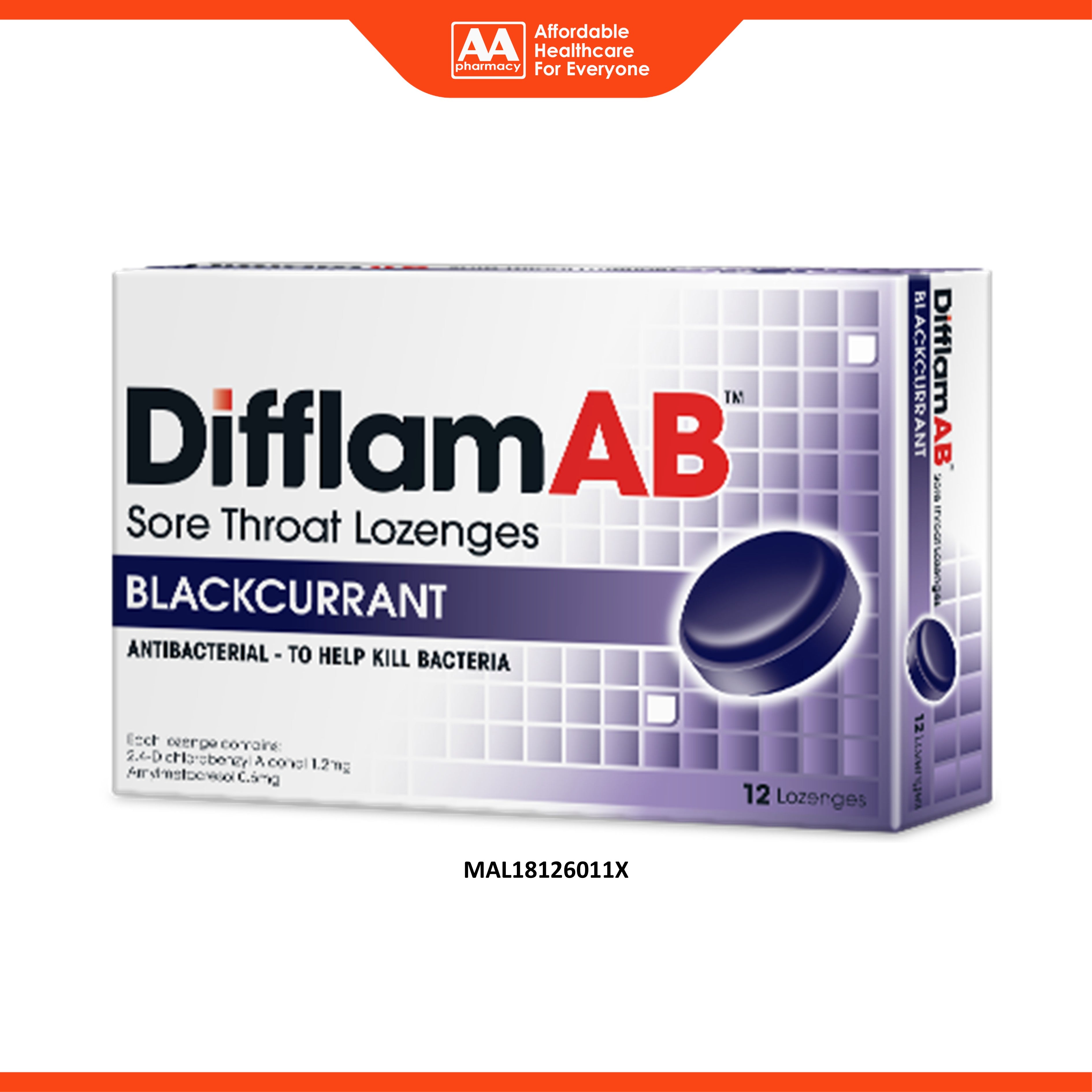 Difflam AB Sore Throat Lozenges 12's (Blackcurrant)