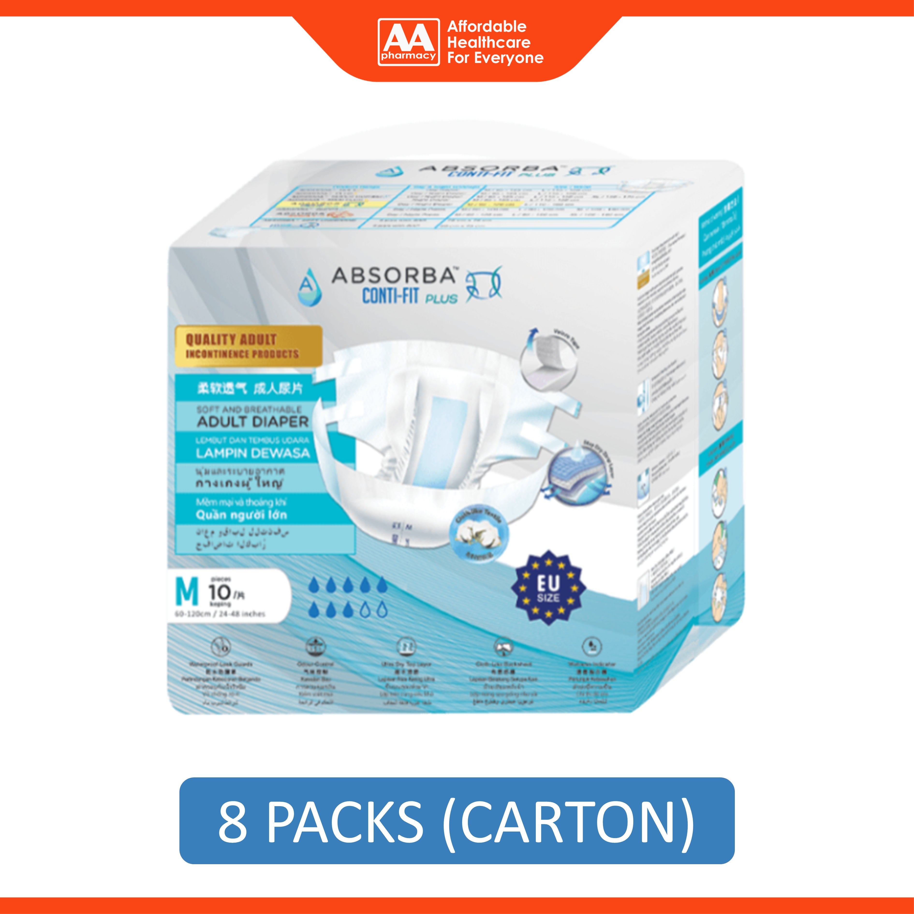 Absorba Conti-Fit Plus Adult Diapers Size M 10's (60-120cm / 24-48 inches) [8 Packs/Carton]