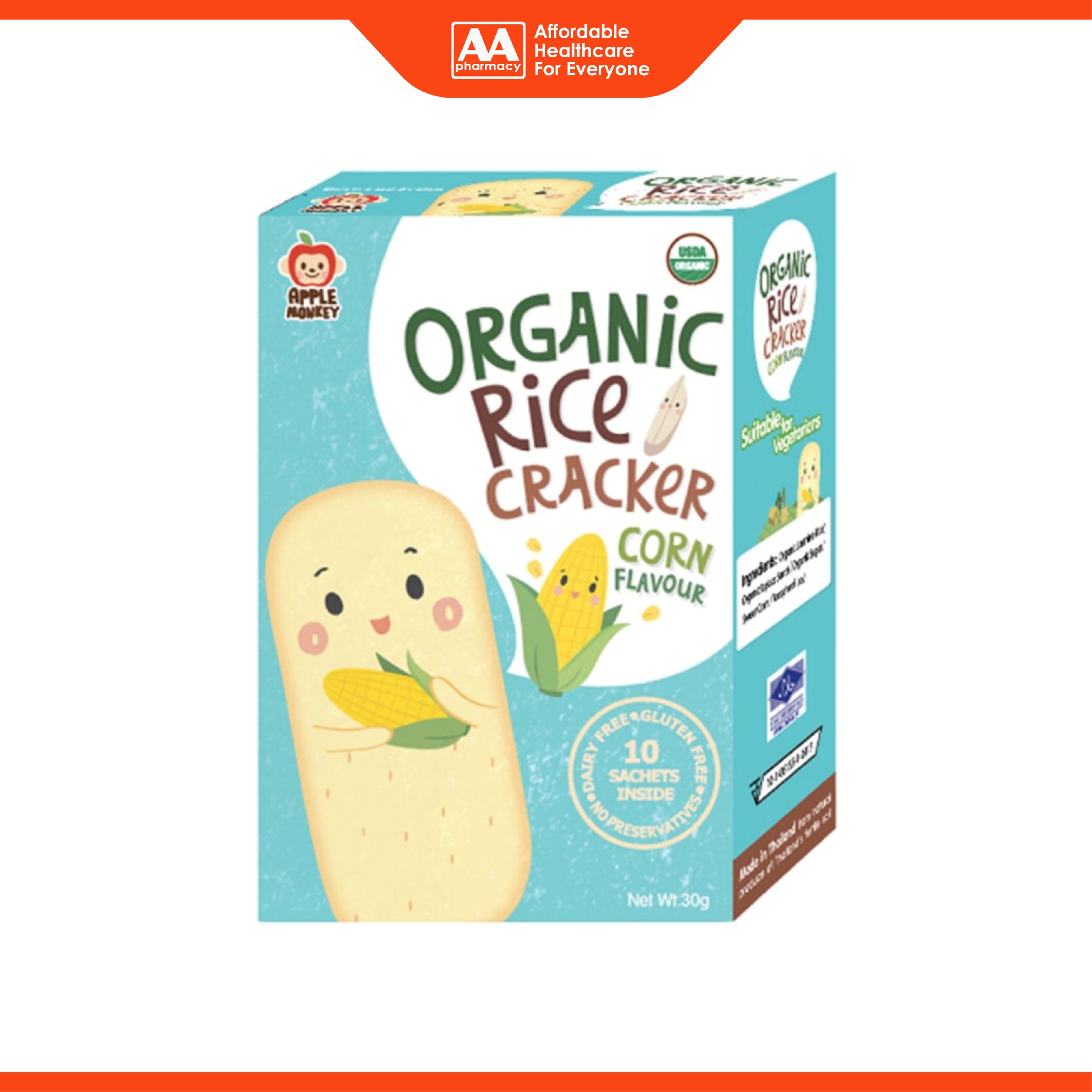 Apple Monkey Organic Rice Cracker - Corn Flavour (10 x 3g)