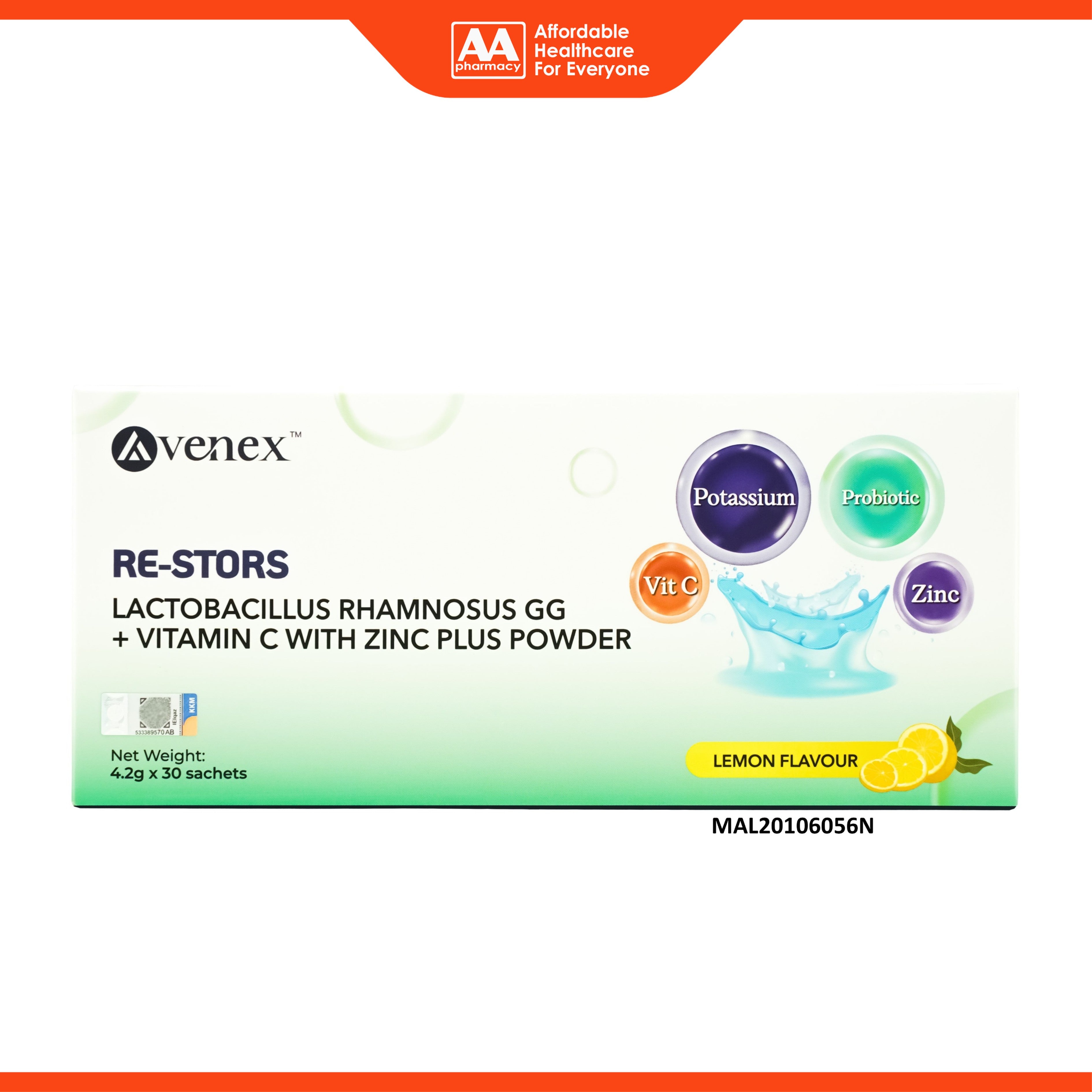 Avenex Re-Stors Lactobacillus Rhamnosus GG + Vitamin C with Zinc Powder (Lemon Flavour) 4.2g x 30's