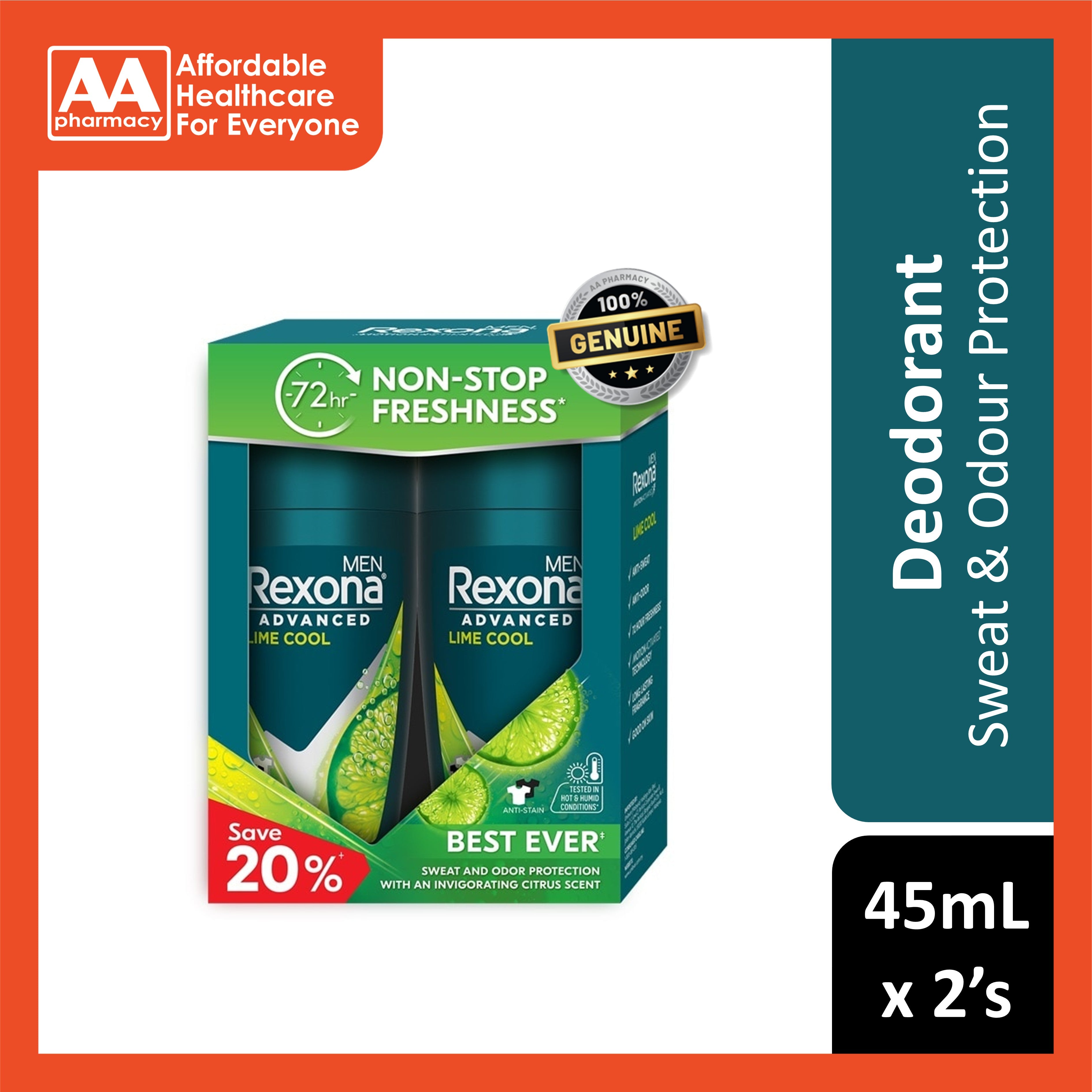 Rexona Men Antiperspirant Roll On (Advanced Fresh Lime Cool) 45mLx2's [Twinpack]