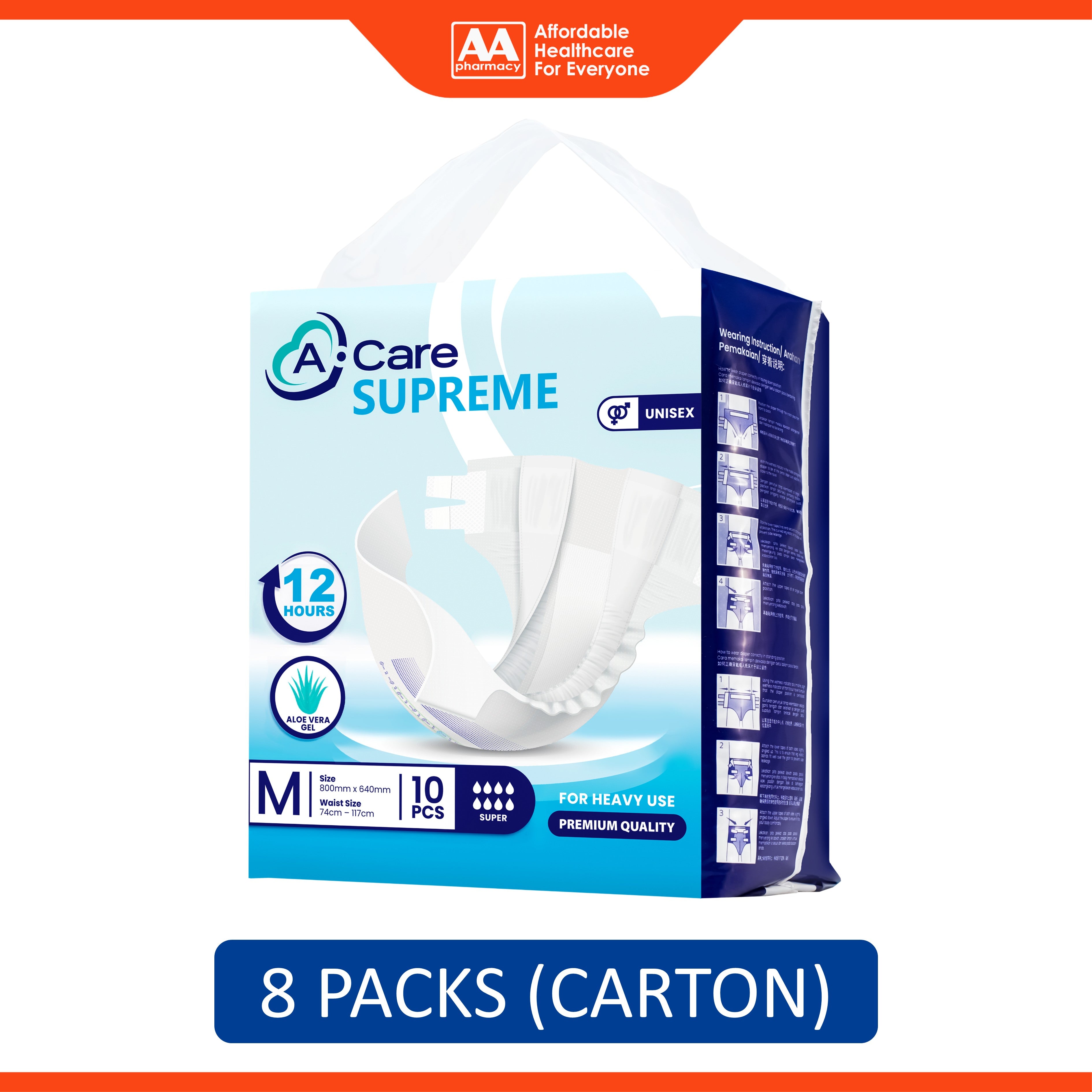 A-Care Supreme Adult Diapers Size M 10's (74-117cm) [8 Packs/Carton]