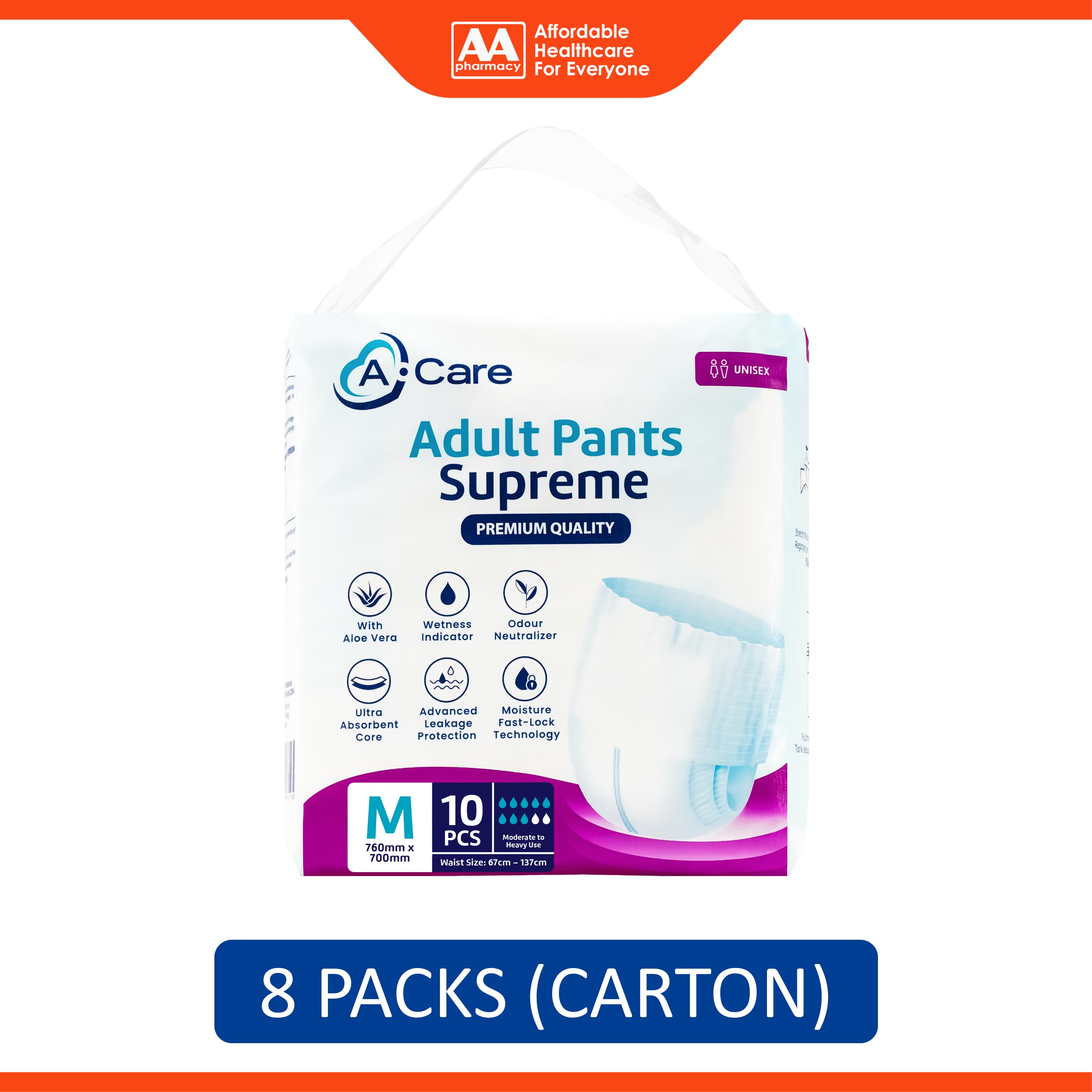 A-Care Supreme Adult Pants Size M 10's (67-137cm) [8 Packs/Carton]